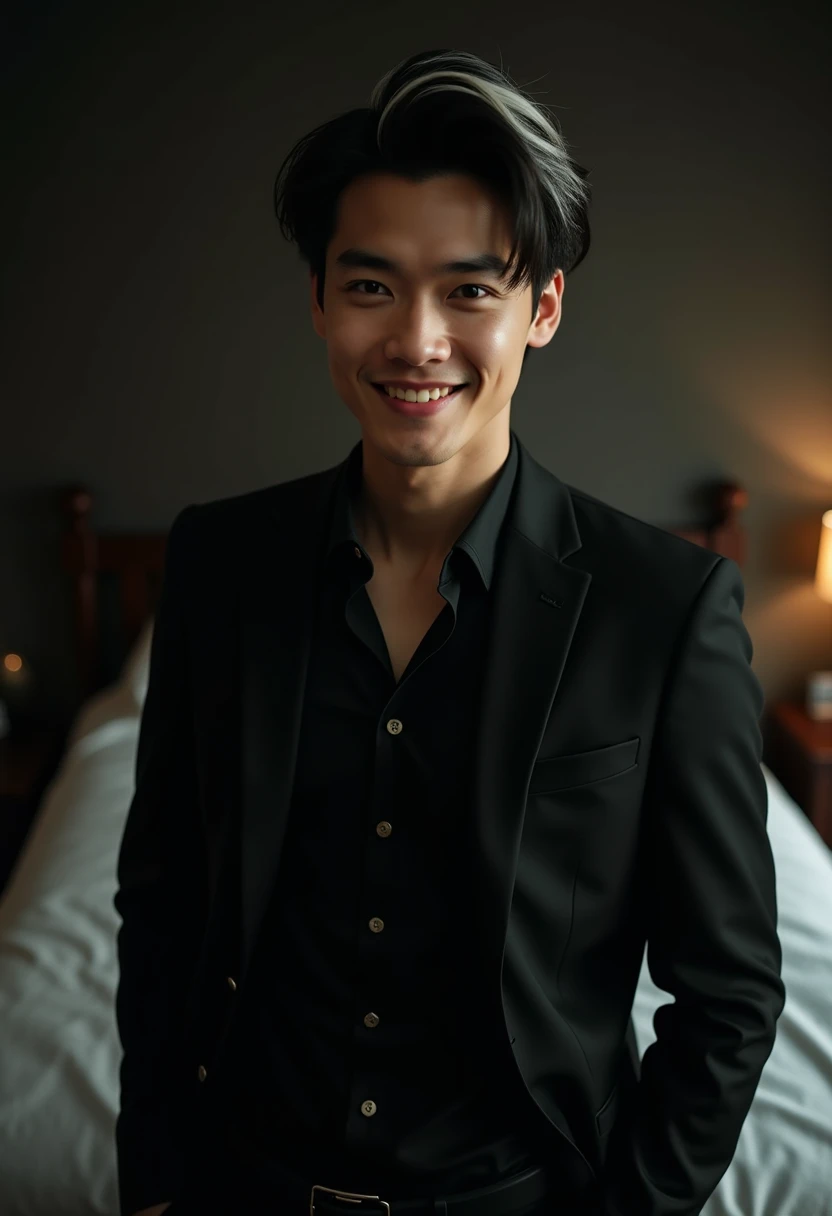 Asian man,27years,hot frat guy wearing a suit, open shirt, black suit jacket, black suit pants, showing off his body, defined abs and defined pecs, smirking, ultra realistic, shot with cinematic camera, high quality photography,, flash with softbox, 4k, Canon EOS R3, hdr, smooth, sharp focus, high resolution, award winning photo, 80mm, f2.8, bokeh, masterpiece realistic, best high quality,Real-life Photorealism, Raw Portrait Photography , There are abs, Differential crushing cap, rough breath, Black hair, Messy hair, modern, hyper HD, Masterpiece, curate, This photorealistic portrait combines the style of National Geographic., Capture every detail of his textured skin in 8k resolution. Leica digital SLR. (8K UHD、RAW Photography、Photorealistic Portrait Leica Digital SLR、Lifelike images) (Crawling on All Fours, Kneeling), on a bed,