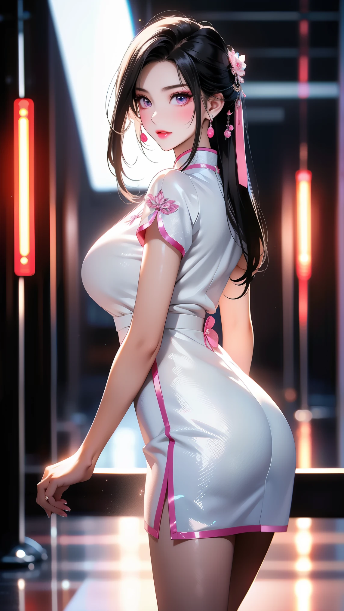 realistic, 1 women, best quality, 12k, Per HD, 1080p, wear Allstars shoes, long hair, big round breasts, cleavage, ponytail, necklace, jewelry, shorts, short jacket, slim hips, hair tie, yellow eyes, black hair, super detailed, Eye details, hair details, person details, mouth details, face details, breast details, clothes details, hair details, pants details, hand details, whole body