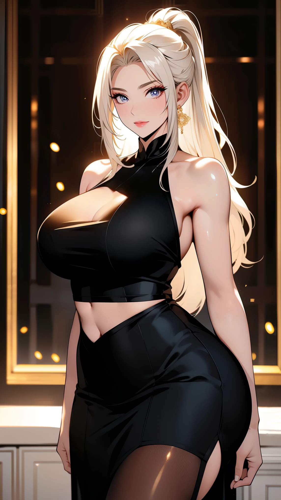makeup, mascara, Clean, sharp designs, flowing silhouettes, tight shirt, (big fat gir),(big fat body)(high-waisted pencil skirts)), simple buton up blouse, asymmetrical, geometric, Elegant and luxurious materials and designs, Simple, minimal accessories, Slim necklaces and rings in silver or gold, Simple bangles, Distinctive designs, simple silhouettes, deep v, plunging neckline, cleavage, vestido rojo, platinum blonde, chic and mature impression, simple and sophisticated style, elegance, minimalism, high quality materials, cool and urban impression, high fashion, large breasts, lithe, simplicity and sophistication,