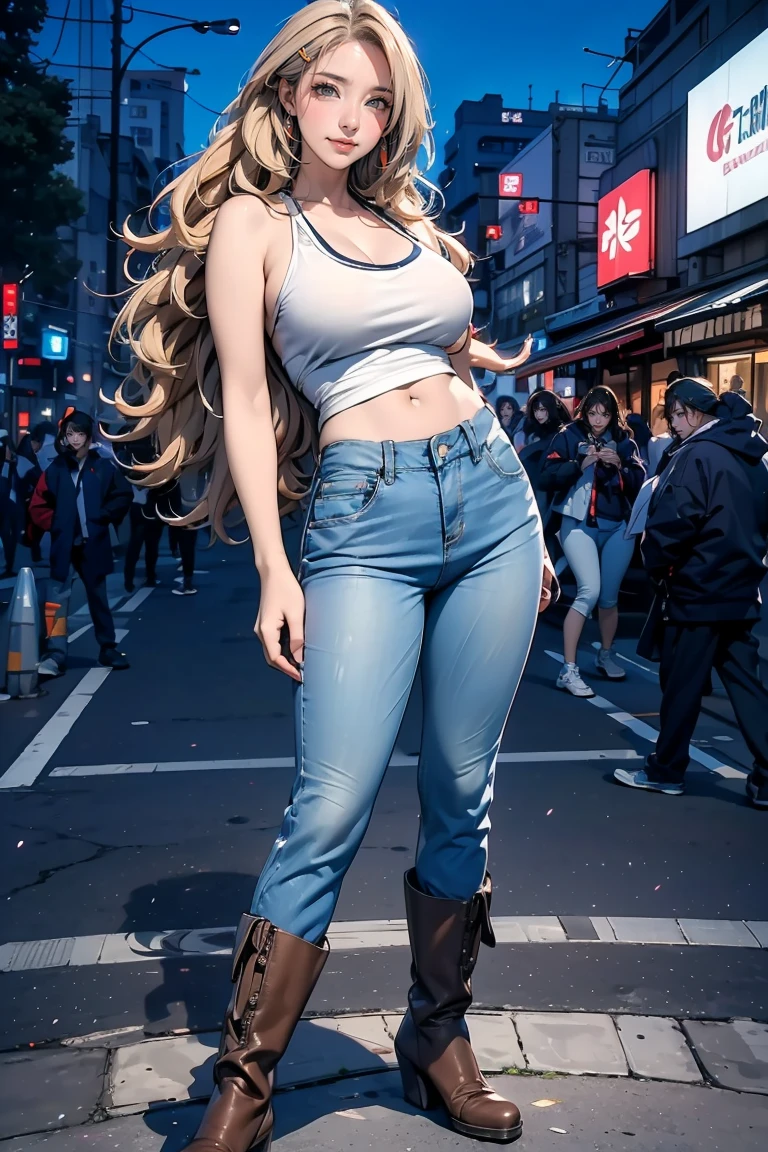 masterpiece, best quality, highres, kitagawa marin, 1girl, blonde hair, long hair, swept bangs, gradient hair, red eyes, jewelry, earrings, piercing, short shorts, glossy lips, light smile, city street, sneakers, cleavage