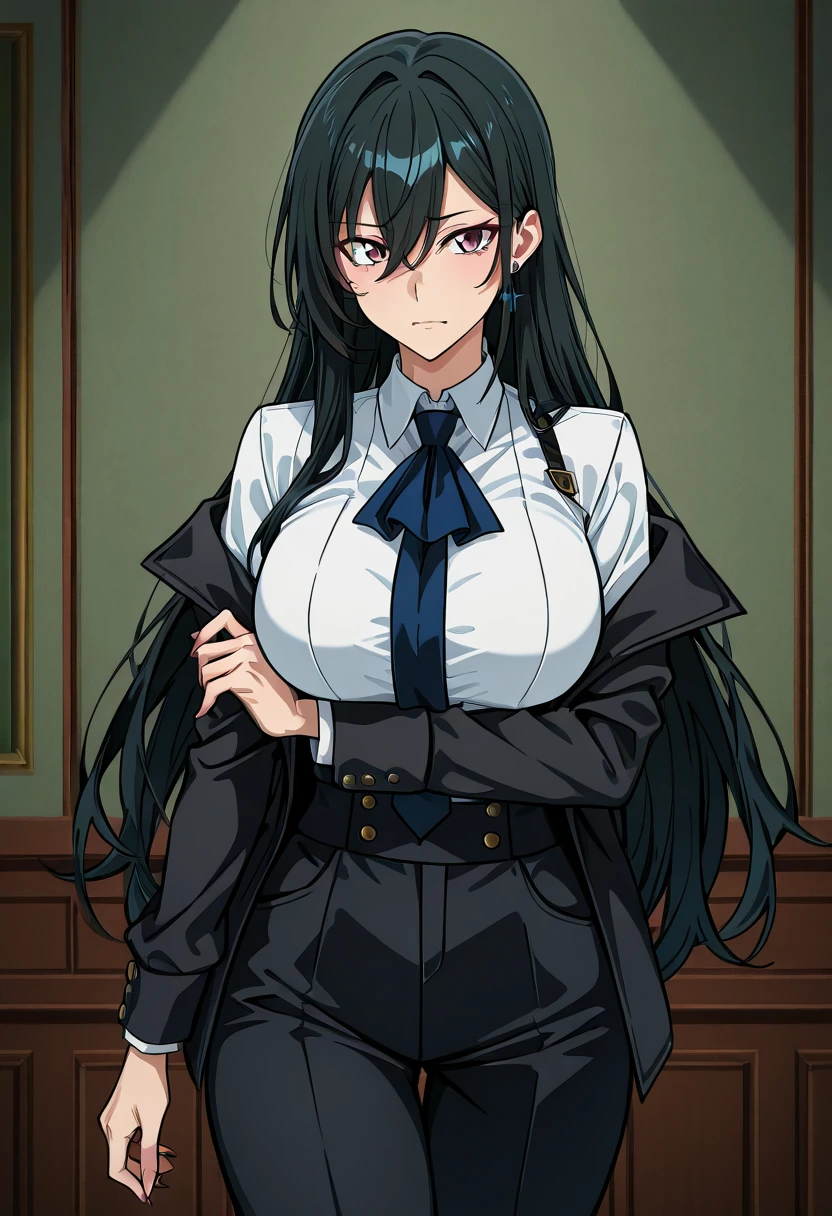 masterpiece, best quality, 1girl, solo, vanwinkle, standing,  female focus, blue eyes, messy hair, suit, glasses, necktie, big breasts, teeth, [[closed mouth]], formal, smile, simple background, pants, ((arms behind back), looking at viewer, indoors, standing, closeup,  boob window, large breasts, face focus, closeup shot, black tuxedo suit