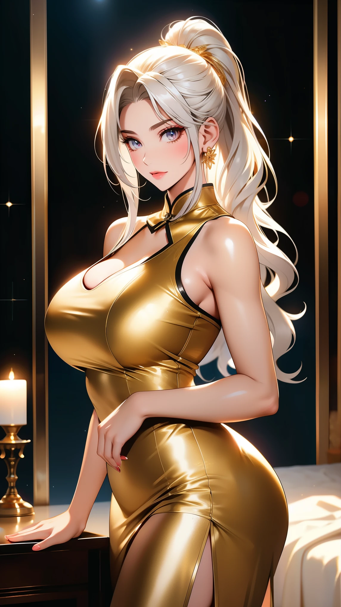 (masterpiece, best quality, ultra-detailed CG unity 8k wallpaper), a woman, gold vinyl catsuit (splattered with white cream), gold heels , sitting seductively on top of a huge, dripping cream cake, (, high saturation), (bright gold lighting, deep shadows), (whipped cream details)