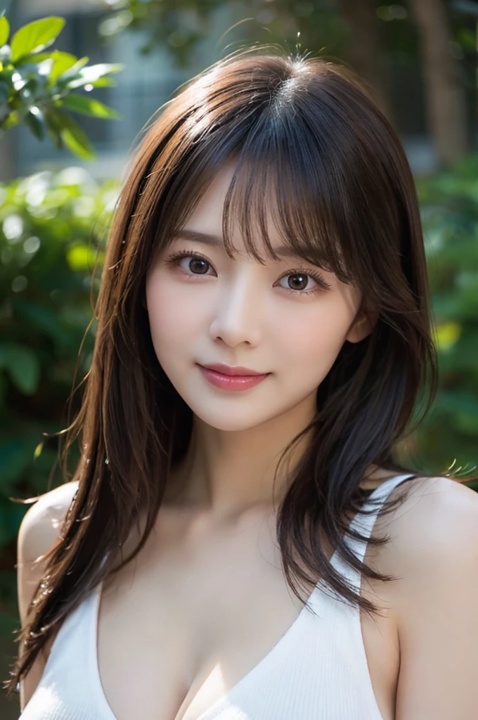(masterpiece:1.3), (8k, Photorealistic, RAW Photos, Best image quality: 1.4), Japanese Girls、16 years old、(Random hairstyle:1.2)、(Cleavage:1.2)、Super detailed face、Eye on the details、double eyelid、Chest to chest、Sharp focus:1.2、(Cute Woman:1.4)、Light brown hair、bangs、highest quality、Ultra-high resolution、(Photorealistic:1.4)、Highly detailed and professionally lit smiles、Loose, lightweight knitwear、thin、smile、Long Hair、Upper body portrait