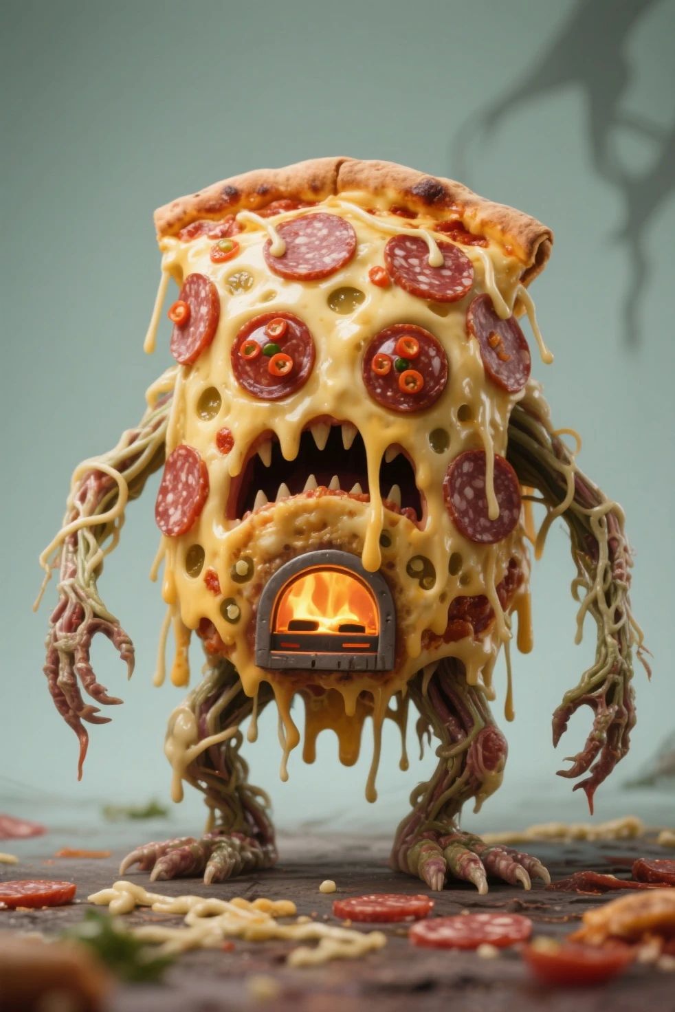 monster made from pasta and meatballs, marinara graffiti, standing, gradient background,