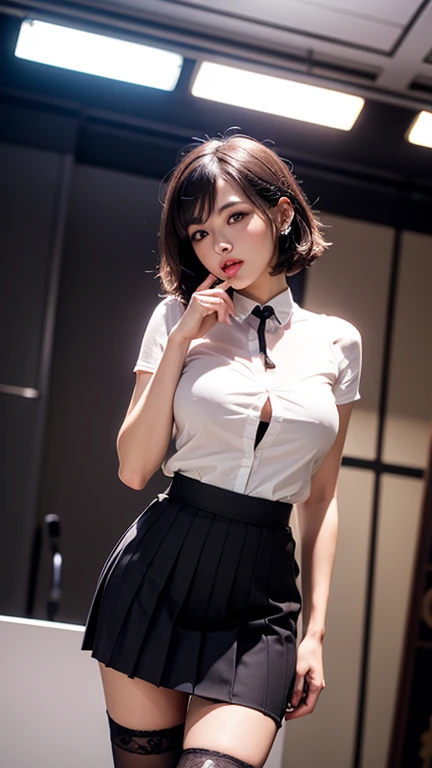 masterpiece, photorealistic masterpiece, Professional photography, High resolution, Attractive pose, Amazing full color, Ultra-detailed clarity, 35mm masterpiece, (Cleavage), ((audience: 1.1)),sexy,(Wearing school uniform:1.2),(Pleated skirt,White blouse:1.2), (Lift the skirt yourself), ((Show me your panties))), ((Lift your skirt up yourself)), Panty shot, (Panties with fine lace),Ultra HD Teeth,Exquisite glossy lips,((Shiny, Shiny肌))