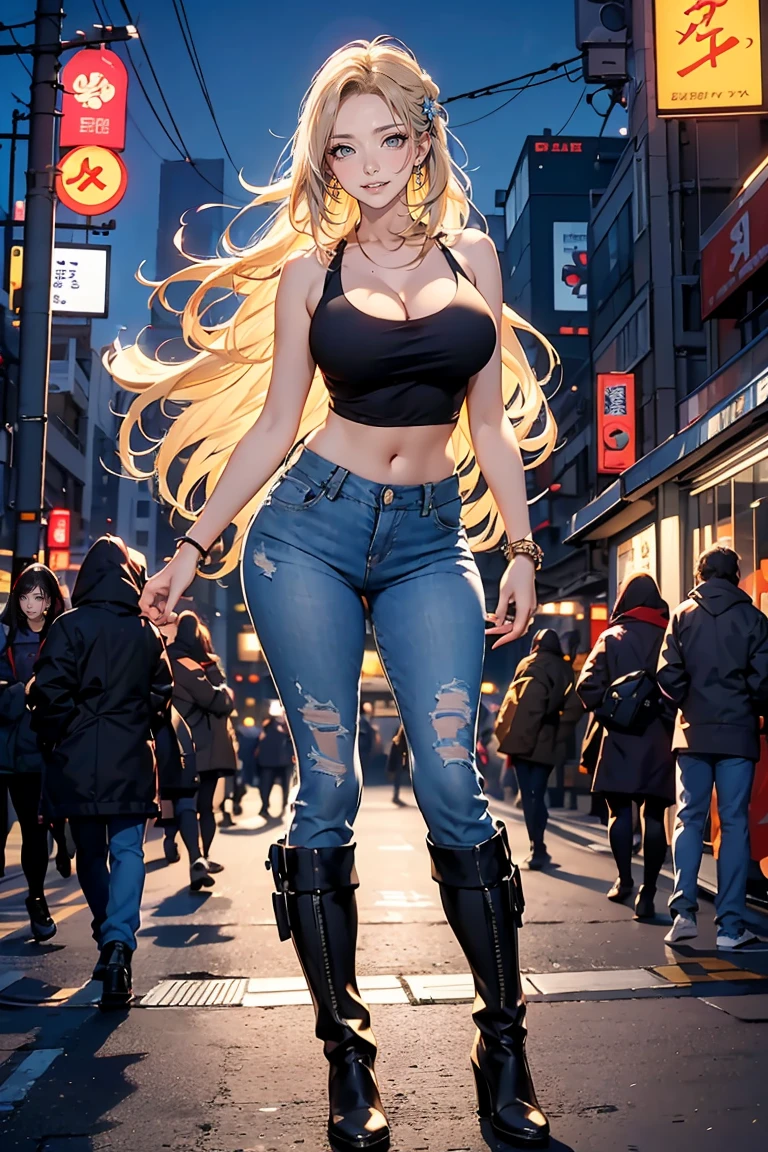 Girl, solo, Full Body, Long hair, white hair, Yellow eyes, sad face, eyes almost closed, Breasts, big Breasts, Large breasts, big Butt, Blue bikini, detailed bikini, jeans, Dark BLUE jeans, walking, in the street
