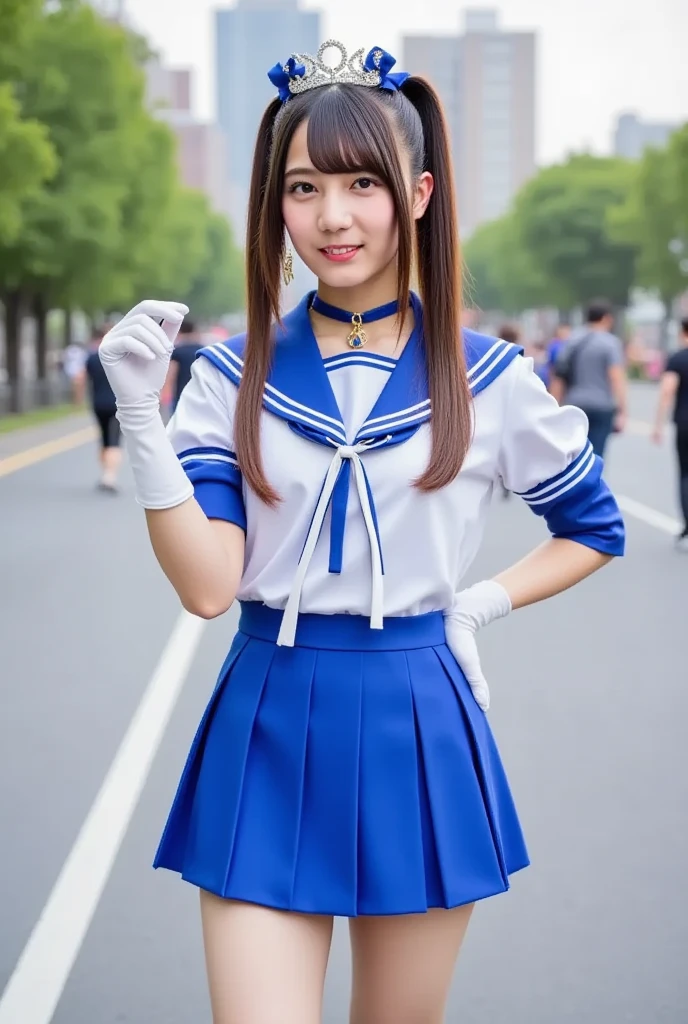 Realistic photos of shoulder length hair, bangs, ponytail, light makeup, (small), fountain, clear facial features, 8K high resolution, sharp and realistic details, full body, high school uniform, white skin, white sailor suit, mini skirt, pleated skirt, f/4.0, 135mm, fujifilm, jpeg artifact, dithering, uhd, masterpiece, wind, cherry, blur, spinning around,