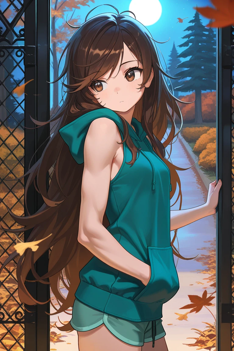 Mujer, veterinaria, vestido verde claro, delantal rosa, Brown hair, cabello largo