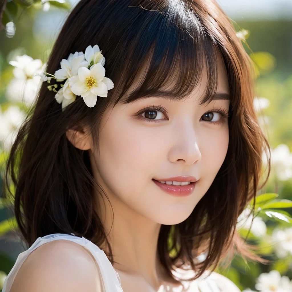 (logo、masterpiece、8K、Japanese、25 years old、table top、Raw photo、wonderful、highest quality、realistic、very detailed CG 統合 8k 壁紙、high quality soft lighting、、very detailed、narrative poem、particle effects、dynamic effects、Depth of the bounds written、cinematic light、Lens flare、ray tracing)、fantasy、 (1 beautiful woman、white kimono、Japanese clothing、white cherry blossom pattern、White cherry blossom embroidery pattern、black haired、beautiful face、real face、Beautiful eyes in every detail、beautiful skin)、Hair flutters in 風、hair bounces、pink cherry tree、petals dance、SakuraFubuki、Spectacular view、sunrise、sun on background、vast land、chest emphasis pose、cute、white shirt、shiny skin、looking at the viewer、smile