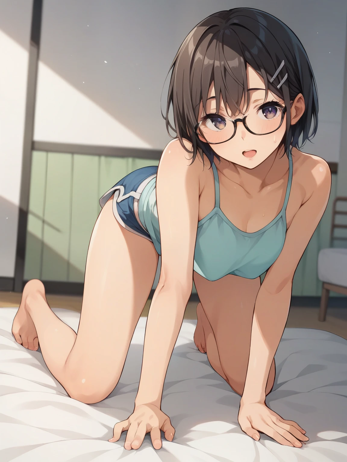 hiquality、16 K、(NSFW)、((Normal breasts))、thick thighs、(Brown eyes,Brown hair、Short hair, bob cut hair、Forehead),(bauth hanDs behinD heaD),(Sweat)、((:D))、((nipple bulge))、((Light blue stripeD bikini))、at sea、eye glasses、spreading legs、(chibi)