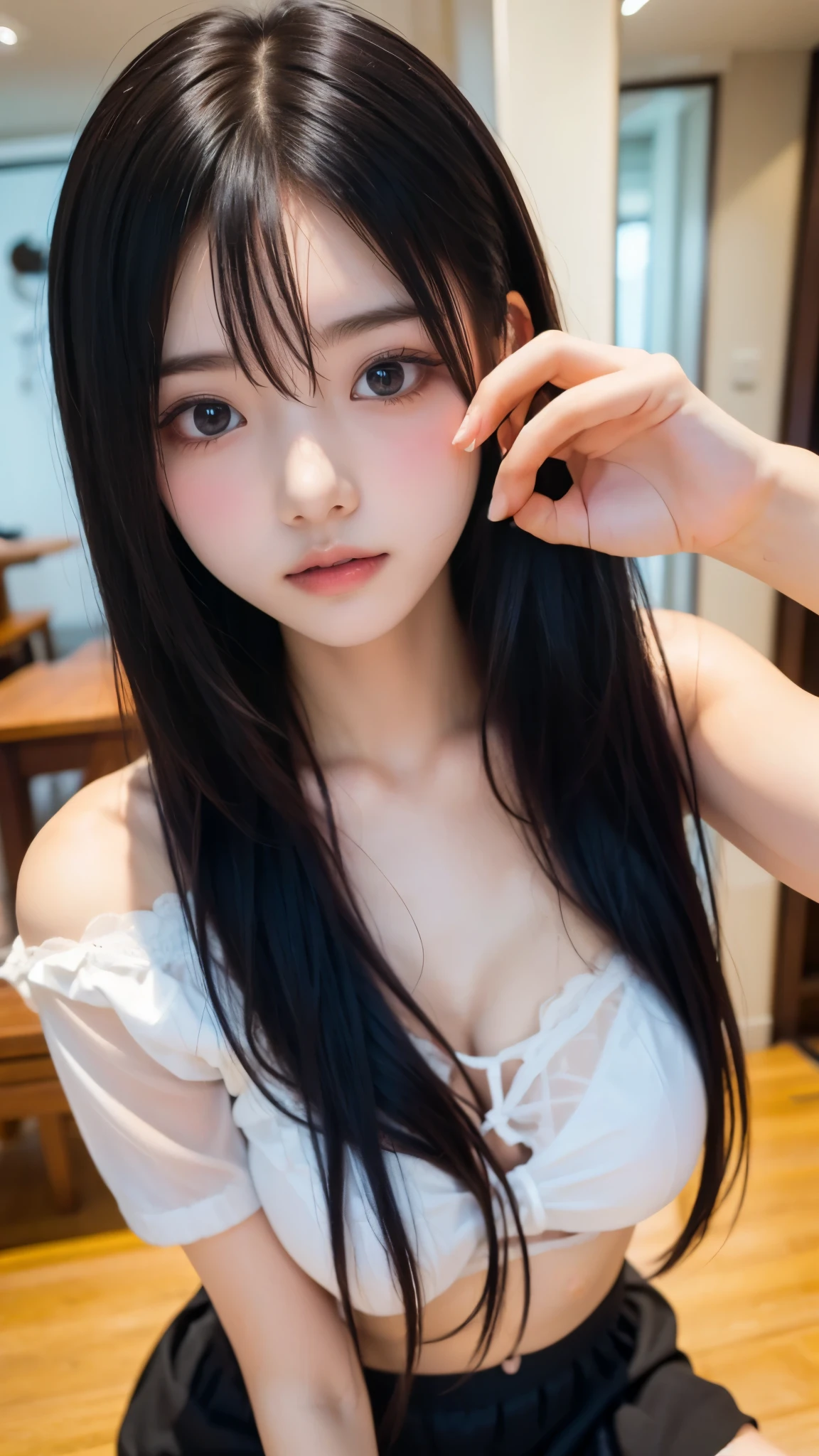 score_9,score_8_up,score_7_up,Super Detailed,absolute resolution, 32K,masterpiece,top quality,Ultra HD quality,slender body line,tight waist,beautiful face and eyes with great attention to detail,beautiful Japanese girl,I will be at your service,dark haired,long hair,slicked back hair,((blowjob gesture:1.2)),Smile,((Trendy fashionable clothes:1.2)),detailed ribbon and pleated skirt,arms outflung low,(Small Breasts), Focus on the face,From a viewpoint,Watching Viewers, Perfect Anatomy, (Detailed hands:1.3, perfect hand:1.4)