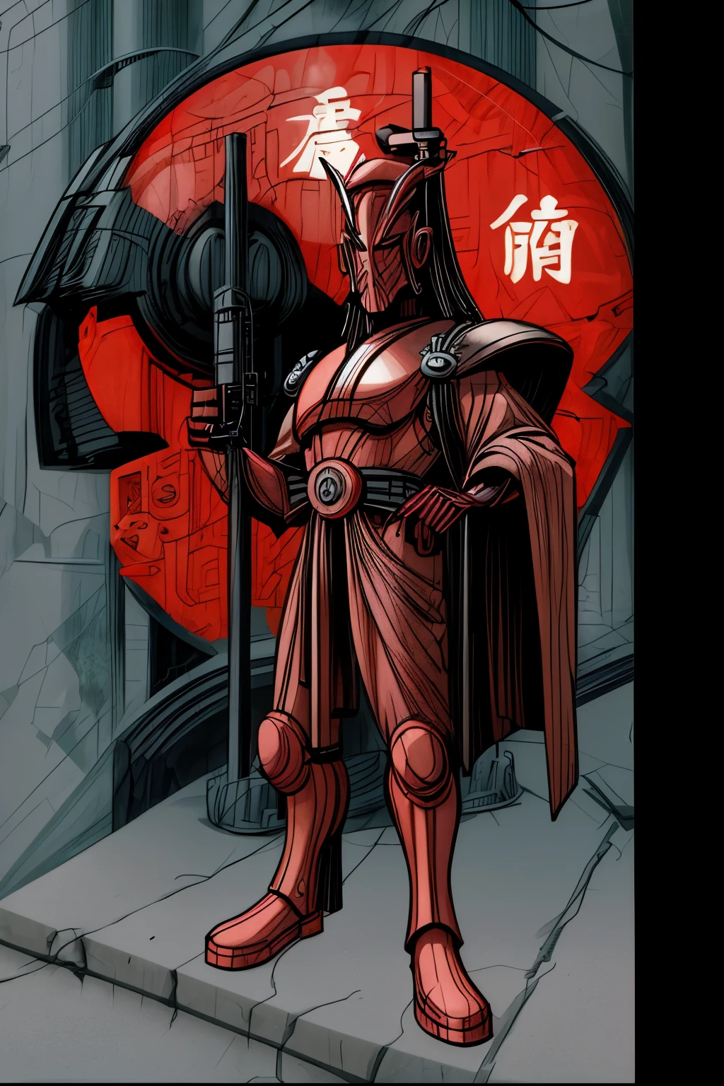 A retro Sci fi OC líder dictador samurai full body with full face helmet with original helmet