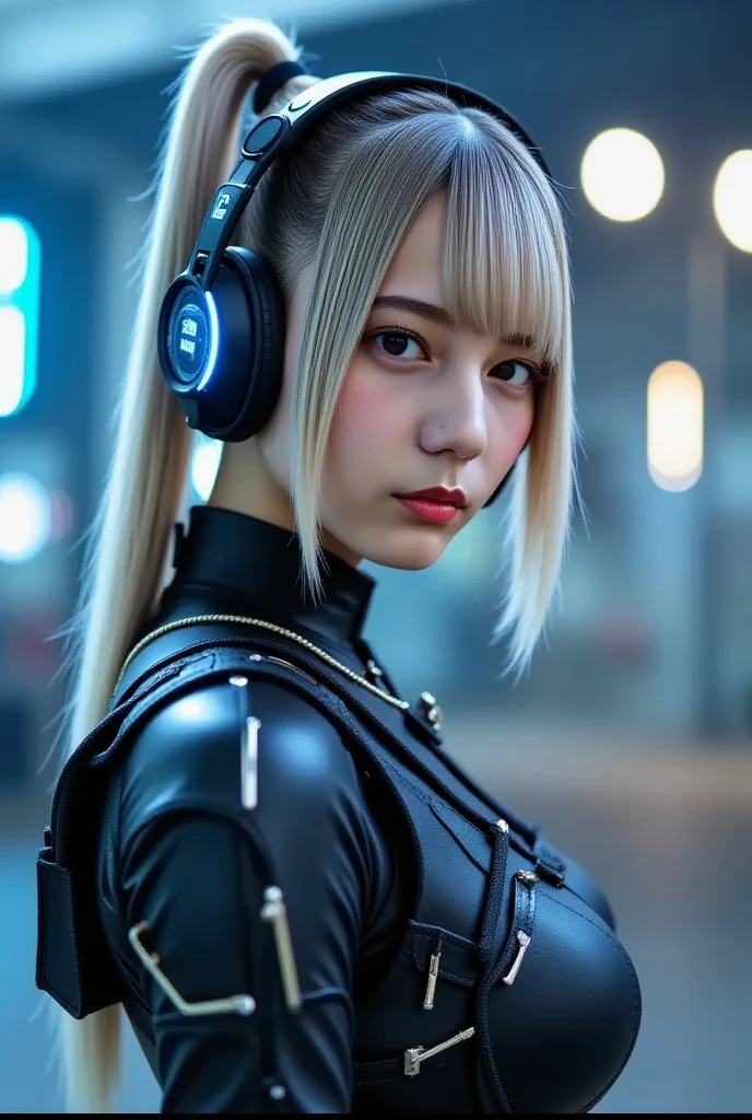 Best quality 8k Woman , DJ futurista.
With super beautiful headphones .
fancy dress.
It is in an environment that transmits a lot of music.
This centralizes, staring at the camera.