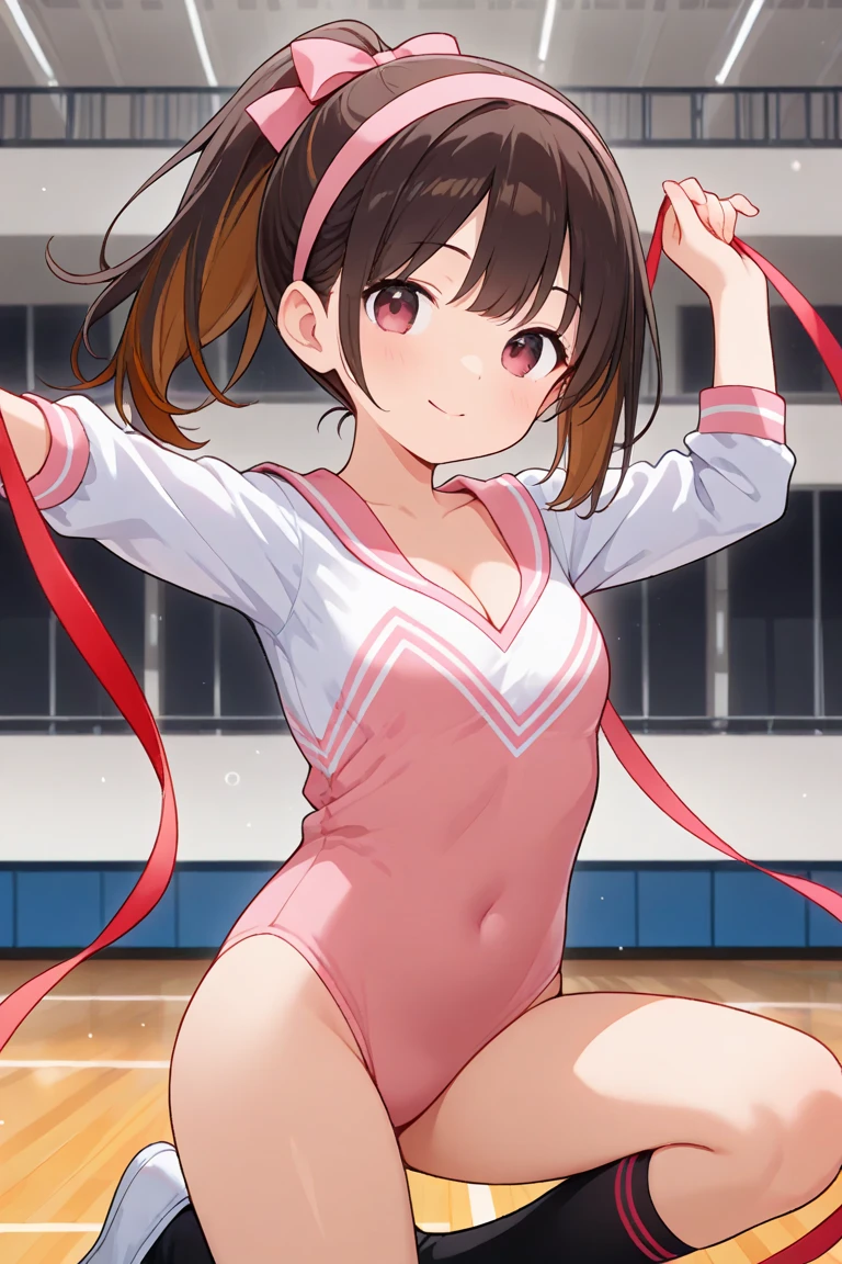 highest quality、best image quality、beautiful eyes、very delicate and beautiful、beautiful eyes、pink eyes、I、I、11 year old girl、Japanese、、Chiquita、Noble、primary school student、black hair、barefoot、（judo）、(((The lower body is a pink leotard)))、（High leg）、tiara on head、lazy smile、stand and look forward、((The background is professional wrestling))