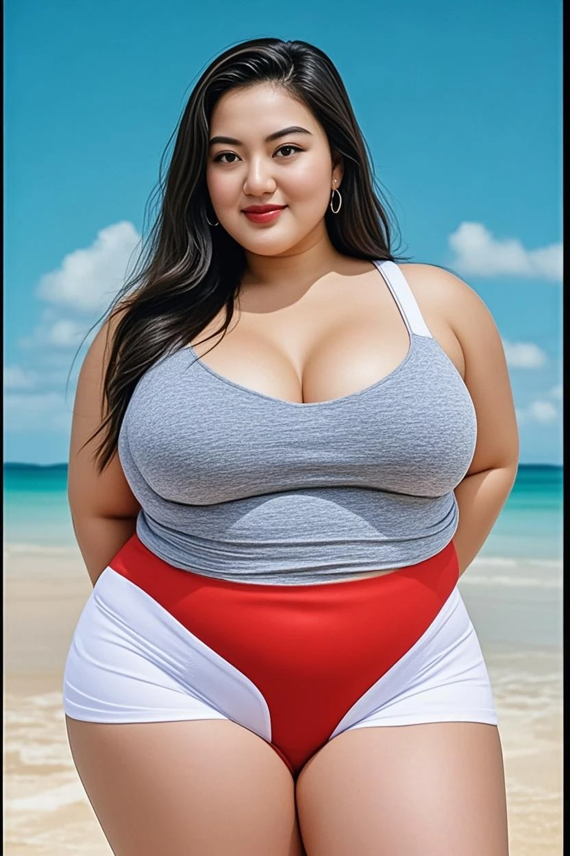 ((Best Quality, 8K, Masterpiece: 1.3)), Chubby woman smile ((best quality)), ((masterpiece)), (detailed), perfect face, USA woman fat , 1 girl, obese body type, big breast size, round face, double chin, Overweight, medium hair ,looking at camera、, thicc, she has a jiggly fat round belly, bbwchan, wearing tight sexy clothes, skinny waist and thick hips, widest hips, her belly is fat and round, soft curvy shape, hyperrealistic full figure, wearing a cute top, wide hips, cropped shoulders,Bare belly,(big assa:0.7),show legs,, thicc, beautiful thick female, beautiful curvy female,, Tall and tall,clear curvy details, curvy hourglass figure, alluring plus sized model, bbwchan, Voluptious body, Curvy model, Curvy body, Be red in the face, 1girll fat , a matural female, A MILF, the golden ratio,(Kpop idol),(Oil skin:1.2),(Oil skin:1.1) background High quality, HD, realistic, HDR. mountain refuge in grey stone, blends into the panoramic view of the mountain, spring landscape (green and flowery), edelweiss, lake, stream that winds, sunset, cool breeze. welcome mountaineers and hikers.