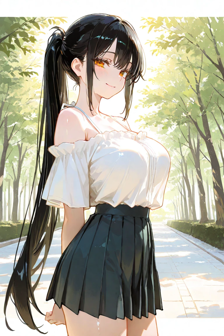 Highest quality,masterpiece,8K,1girl,((big breasts:1.3)),((orgasm,blush:1.3)),angry, sweat,mini skirt,lift skirt,upskirt,mizuki yukikaze,hair ribbon, white tank top, black skirt, mini skirt, black thighhighs,pussy juice,white panties,((walking1.3)),forest,forest林,erect nipples