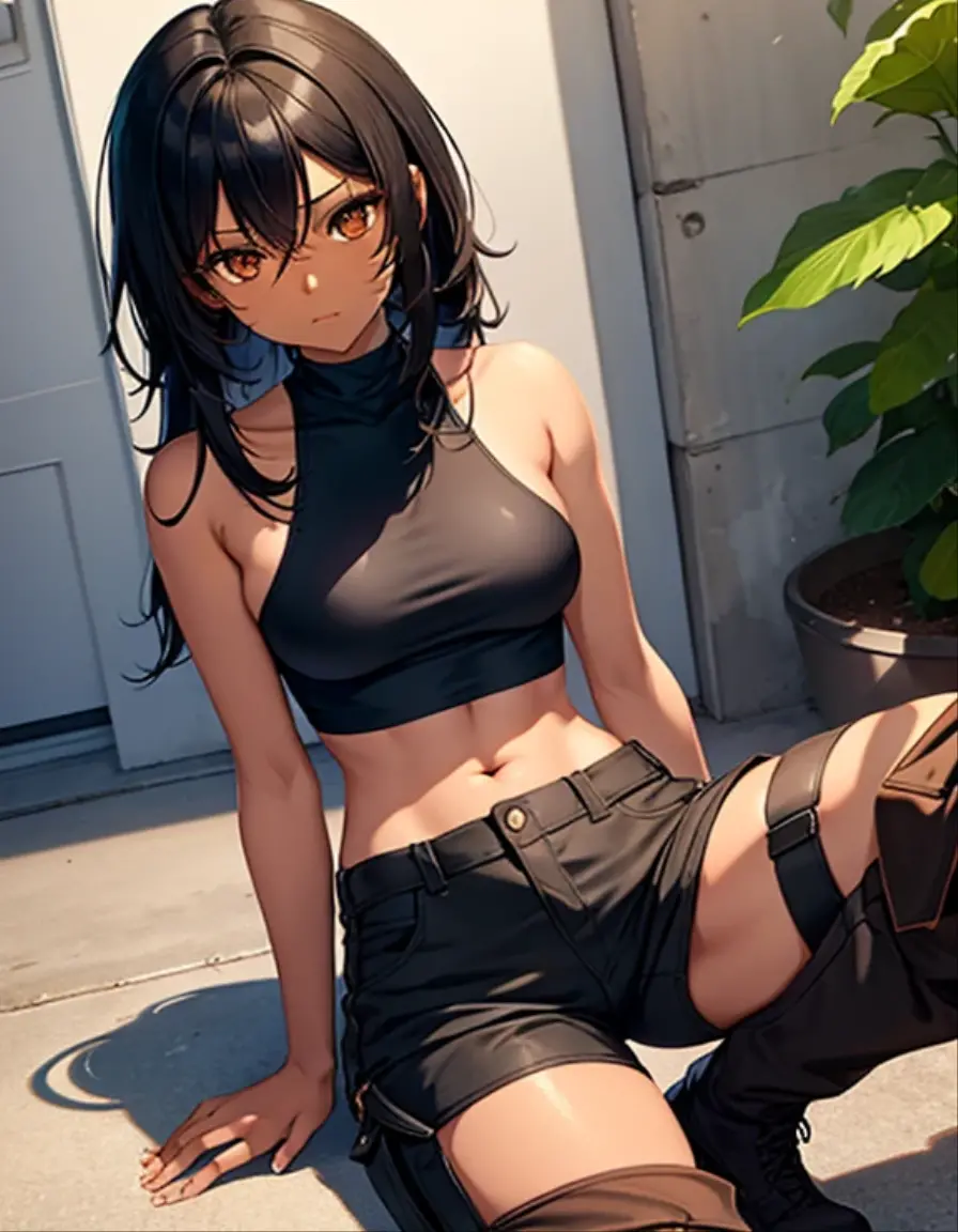 masterpiece,best quality,high resolution,8k,ultra HD,wallpaper,illustration,beautiful detailed eyes,perfect face,cowboy shot,beautiful detailed eyes,extremely detailed face,perfect lighting,extremely detailed CG,perfect hands,perfect anatomy,perfect body,perfect hands,perfect fingers,1woman,full body,,(muscle fighter:1.1),black medium ponytail hair,black eyes,large breasts,Medium ass,medium nipples, white tube top ,black short hot pants,clothed,looking at viewer,sexy look pose,cameltoe,Steam,Wet,sweat,1person,