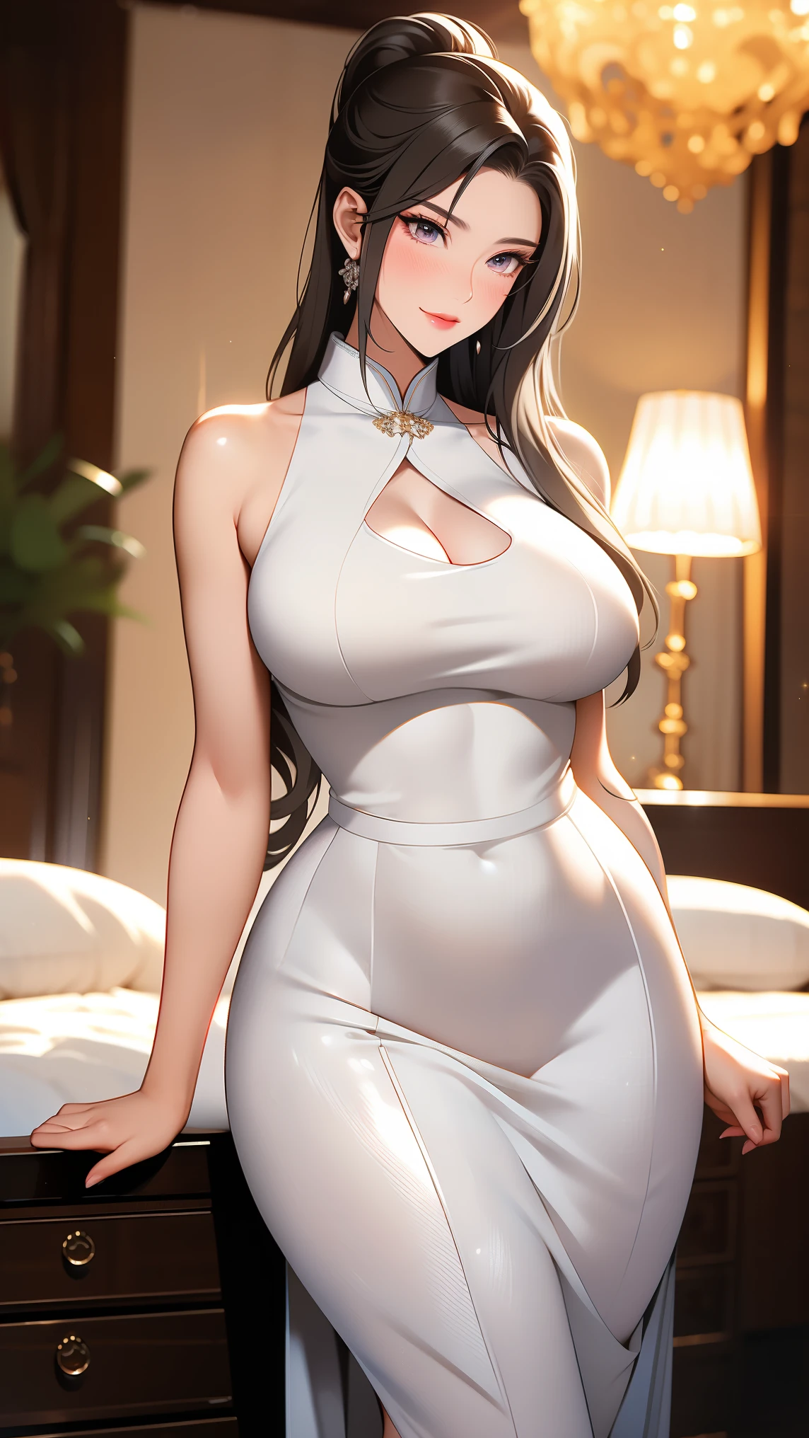 woman posing for a photo, (wearing deep_v-neck_dress:1.2), (long_ponytail_hairstyle:1.3),
good hand,4k, high-res, masterpiece, best quality, head:1.3,((Hasselblad photography)), finely detailed skin, sharp focus, (cinematic lighting), night, soft lighting, dynamic angle, [:(detailed face:1.2):0.2],(((5 stars hotel background))),