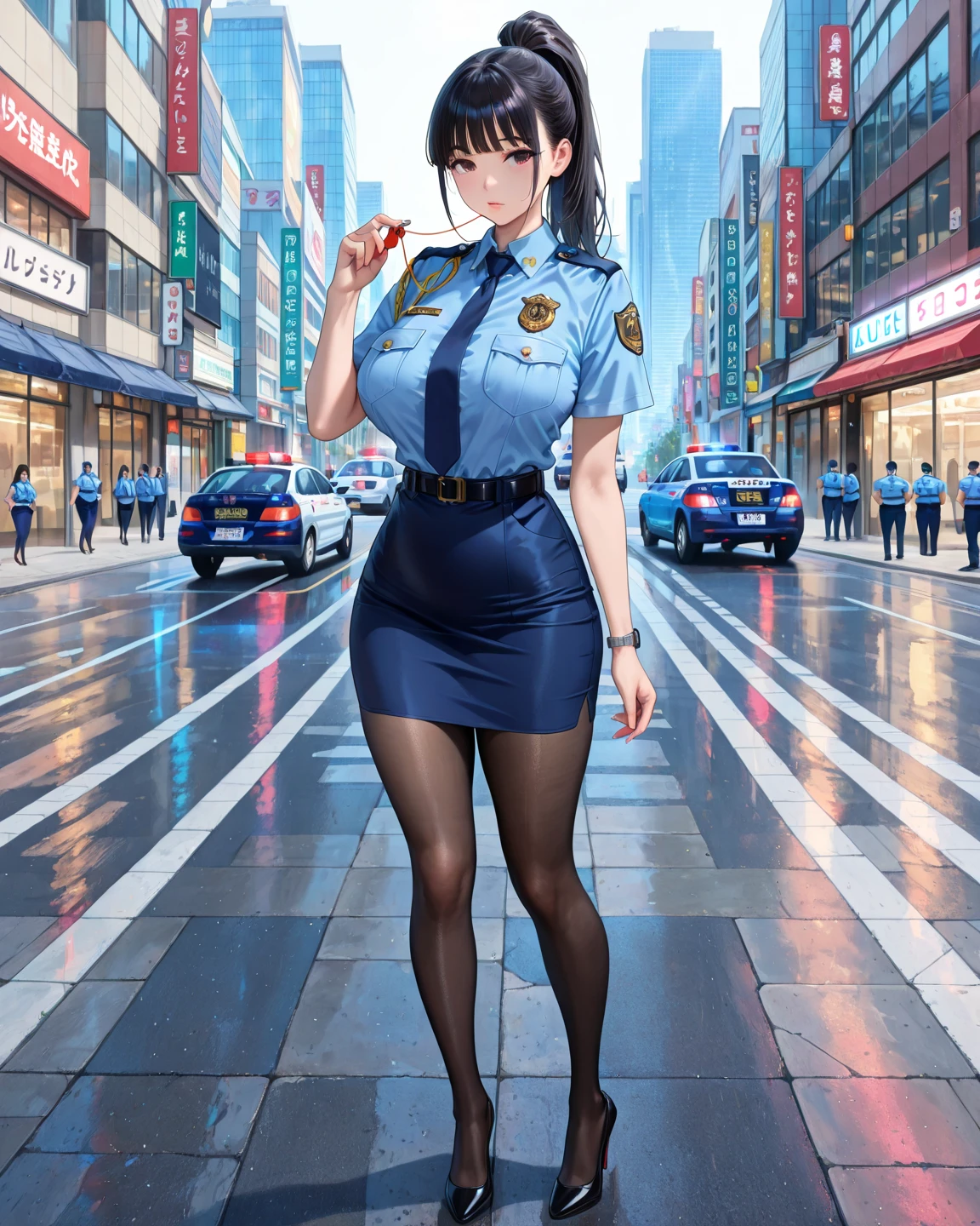 On the street,A lot of irrelevant passers-by,A main girl,Large breasts,Sexy uniforms,Cleavage is seductive,High ponytailed black hair,Long hair,black lence stockings,Strangle,Uniform temptation,Lewdness,Squat,Sunnyday,Ray traching