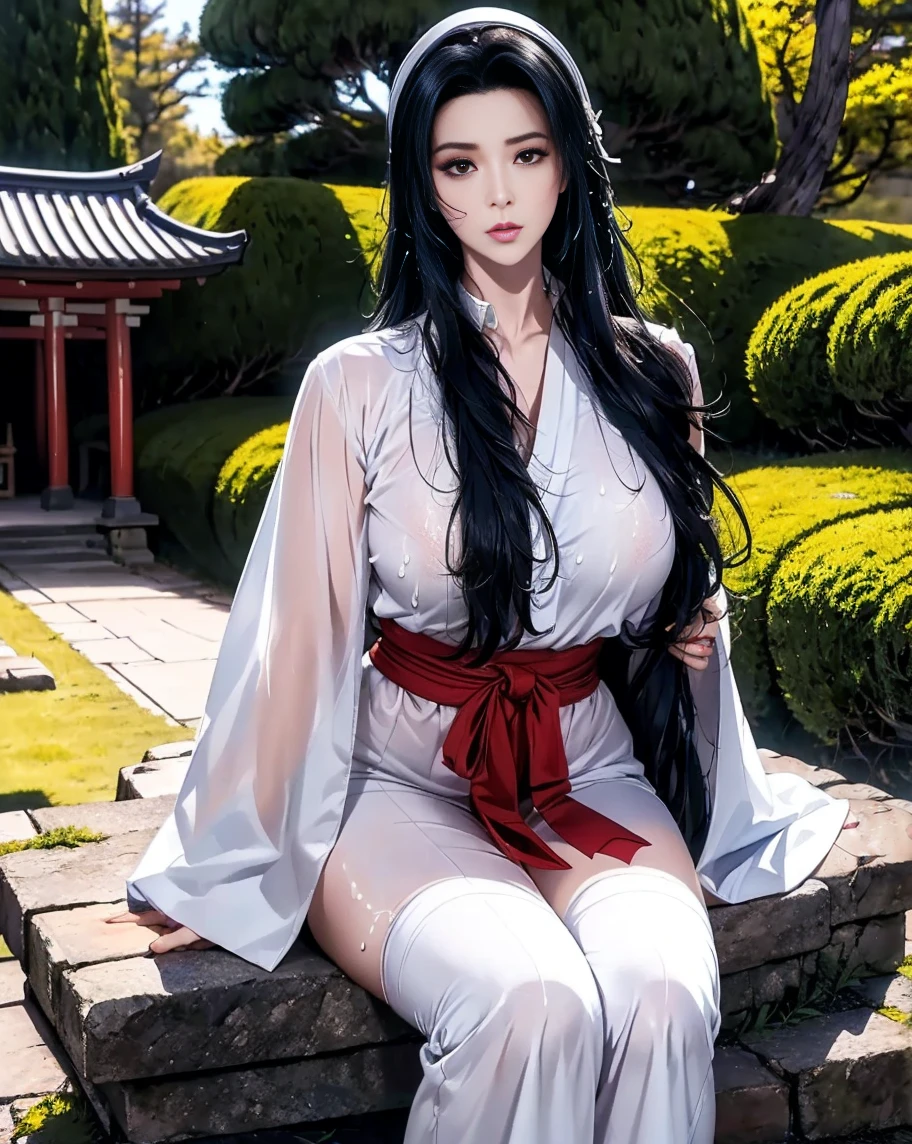 outdoors, lens flare, depth of field, bokeh, vanishing point, solo, looking at viewer,((masterpiece, best quality)), BREAK NinjaWhiteDress_KurenaiYuhi_ownwaifu, 1girl, forehead protector, black hair, long hair, red eyes, makeup, lipstick, konohagakure symbol, red lips, large breasts, white dress, asymmetrical sleeves, fishnet top, bandaged arm, bandaged hand, sleeveless, bandaged leg, cleavage, long sleeves, single sleeve, vest, collarbone, (sitting, head tilt)insaneres, absurdres,full body (NSFW breasts), hdri, extremely naked, nude, nua, pelada, nsfw, gigantic breast 1.9