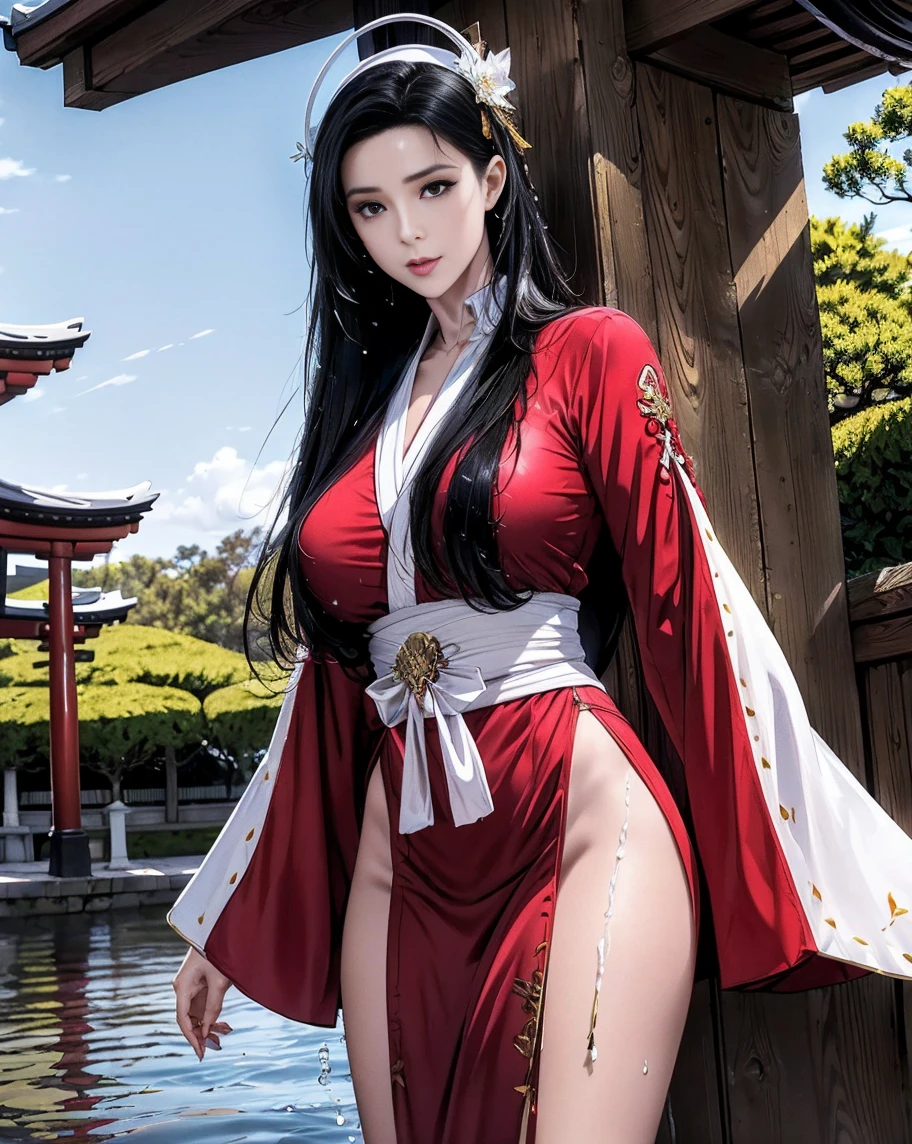 A beautiful girl with long black hair and bright blue eyes is dressed in a beautiful long red closed dress. She holds a sharp sword in one hand, while in the other he holds a buffalo artifact. Several red butterflies fly around you. The girl is portrayed in full body, in a detailed realistic style.