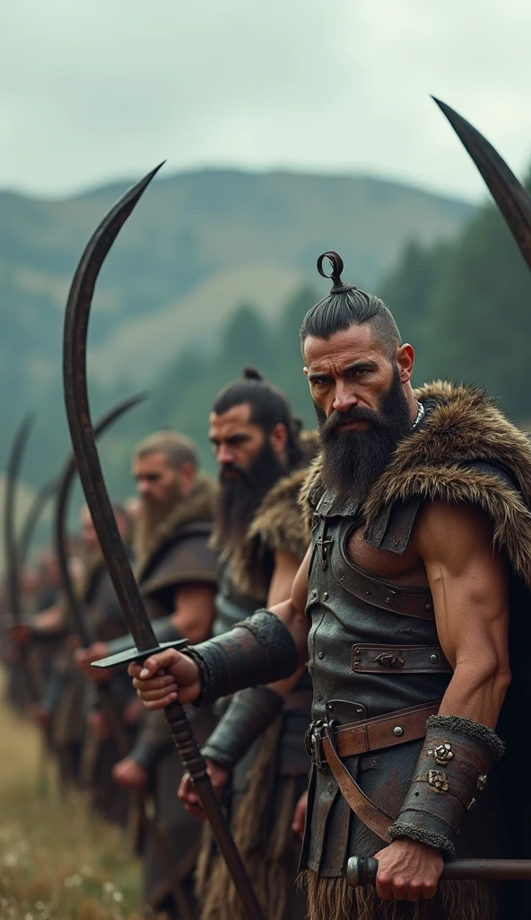 Army of hairy mixed race men in almost nude iron armour 