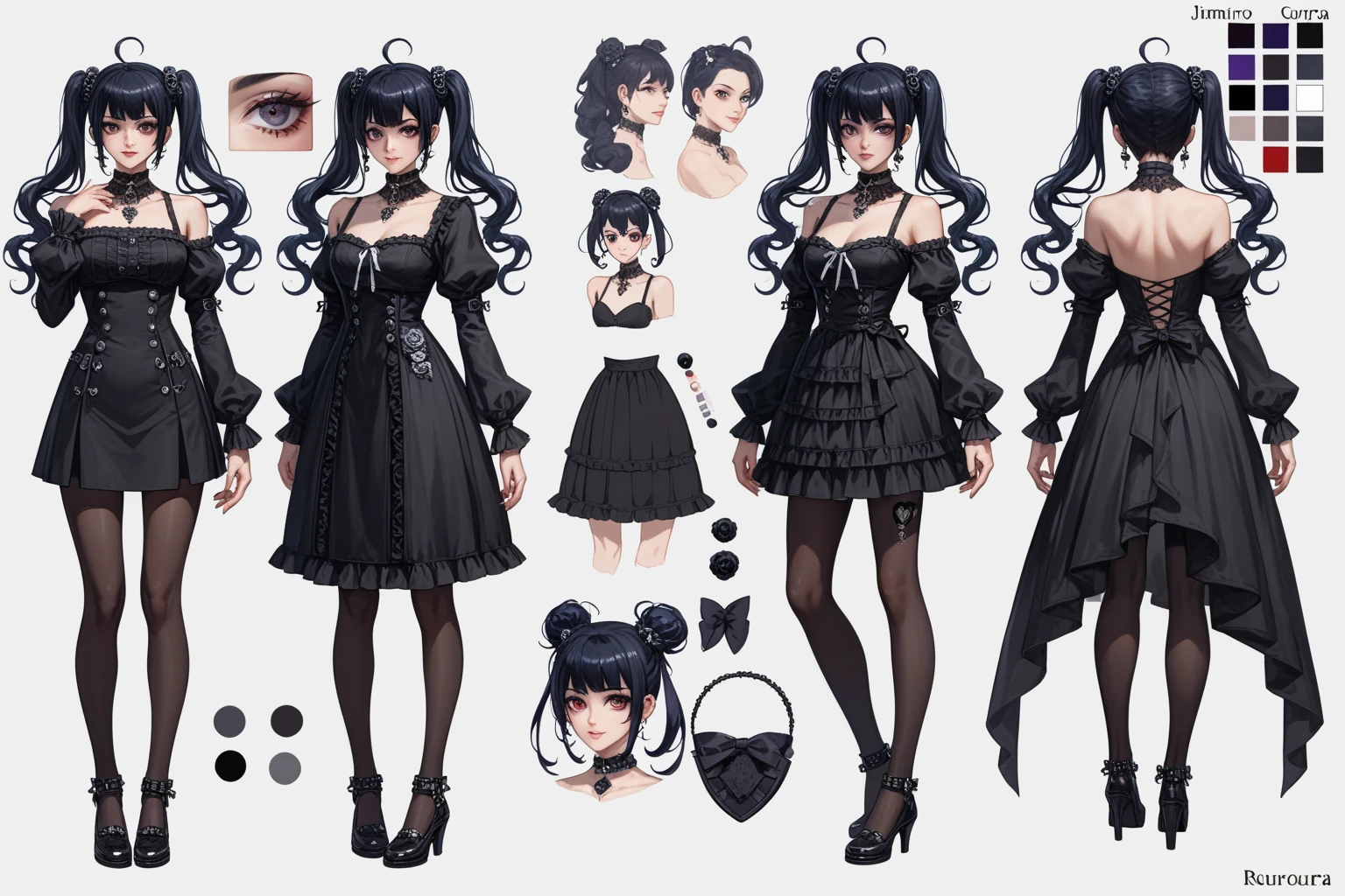 Multiple Views of the same character,Charterner v2, One girl, Slender figure, (Headphones),Brown Hair, Long Hair, blue eyes, same clothes, Concept Art, detailed_face, line_sketch, plan, Official Art, Official Alternative Costumes, Design style, multi style, detailed character, 4_~ side, original, 8K GC, massive detailed, Multiple Views of the same character, character, technical illustration, Multiple Views,masterpiece,highest quality