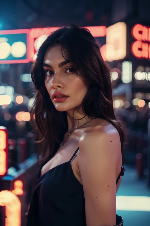 raw photo, photograph, film still, cinematic, fashion photo of beautiful woman, detailed skin texture, shot on film, vibrant colors, neon theme, photo grain, 3600 iso, cinestill