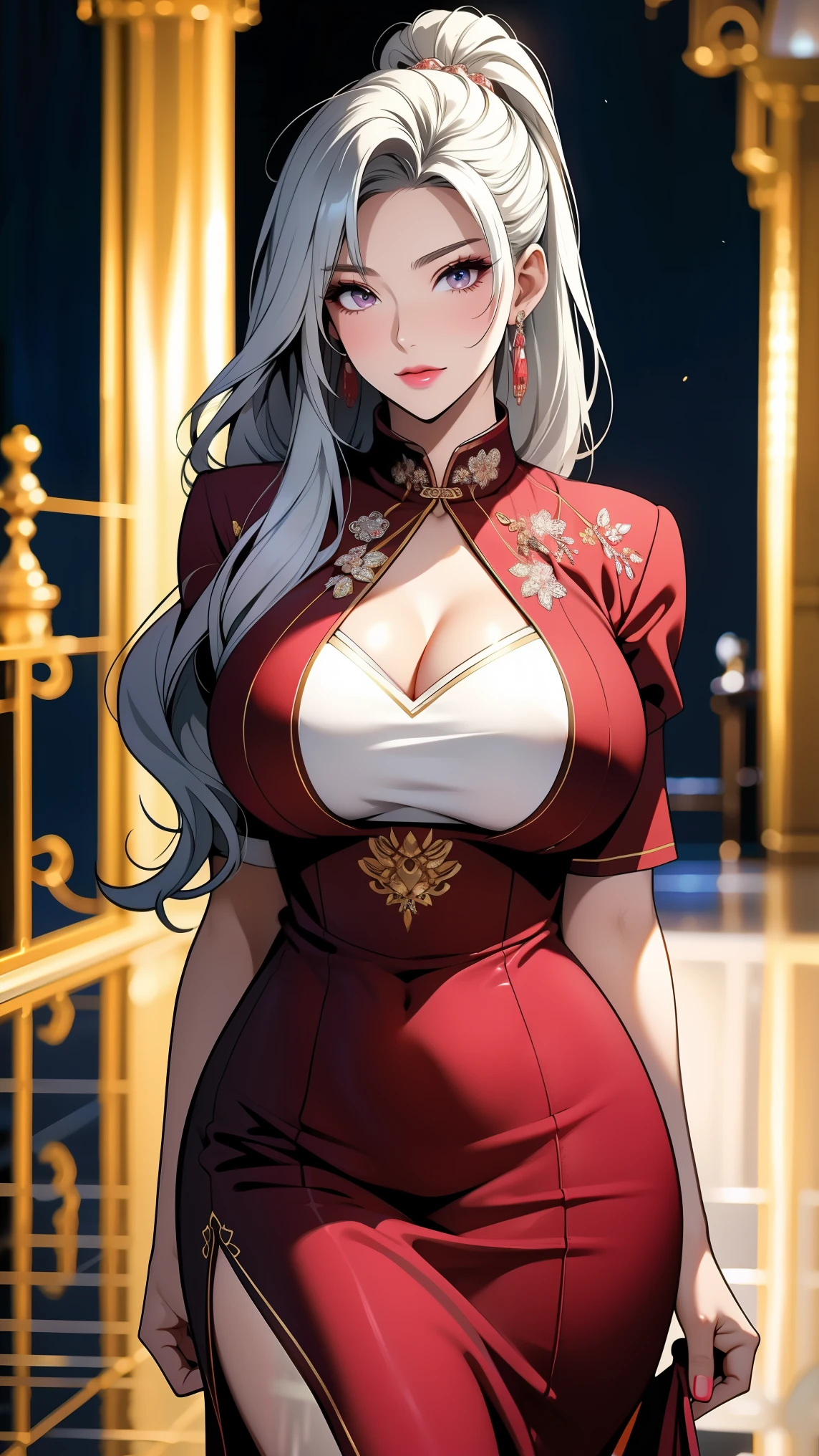 One girl,Upper Body,Fashionable Girl,China dress,Chinese clothing,Hair Flowers,(masterpiece:1.4),(Highest quality:1.4),(Shiny skin),Red lips,View your viewers,Large Breasts,Part your lips