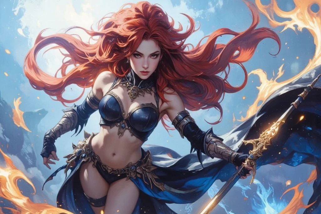 hand drawn sketch illustration of a beautiful dnd ifreet djinn girl with flaming red hair, blue eyes, symmetrical antlers, blue skin, leather armor with freckles and bright striking blue eyes posing for a photo,full body, bare shoulders, muscular, fit, defined abs, thongs, (prominent cameltoe) white freckles, long flowing green hair flying, glowing radiance, beautiful pale makeup, color portrait, stunning portrait, elegant freckles, wearing black thongs with glowing runes of power, black gloves, star-shine, gold dust spread across her skin and her face, (dark, hyper-realistic photos (((portrait))) refraction ,Dark background of magical night forest, deep woods, towering ruins, starlight skies, A mystical and epic landscape, featuring a fantastical and surreal world of floating islands, giant trees, and mythical creatures, that transport the viewer to a world of imagination and wonder, artstation, digital art, intricate, trending, bright colors suitable for viewing in public places