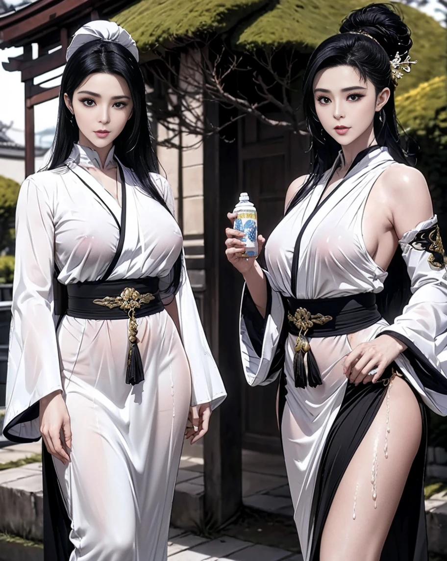 Photorealistic, high resolution, Colorful, colored splashing, Splash, 1 girl, Solo, Hips up, Beautiful eyes, Long hair, gigantic cleavage breasts, Intricate damask hanfu, Gorgeous accessories, Wearing pearl earrings