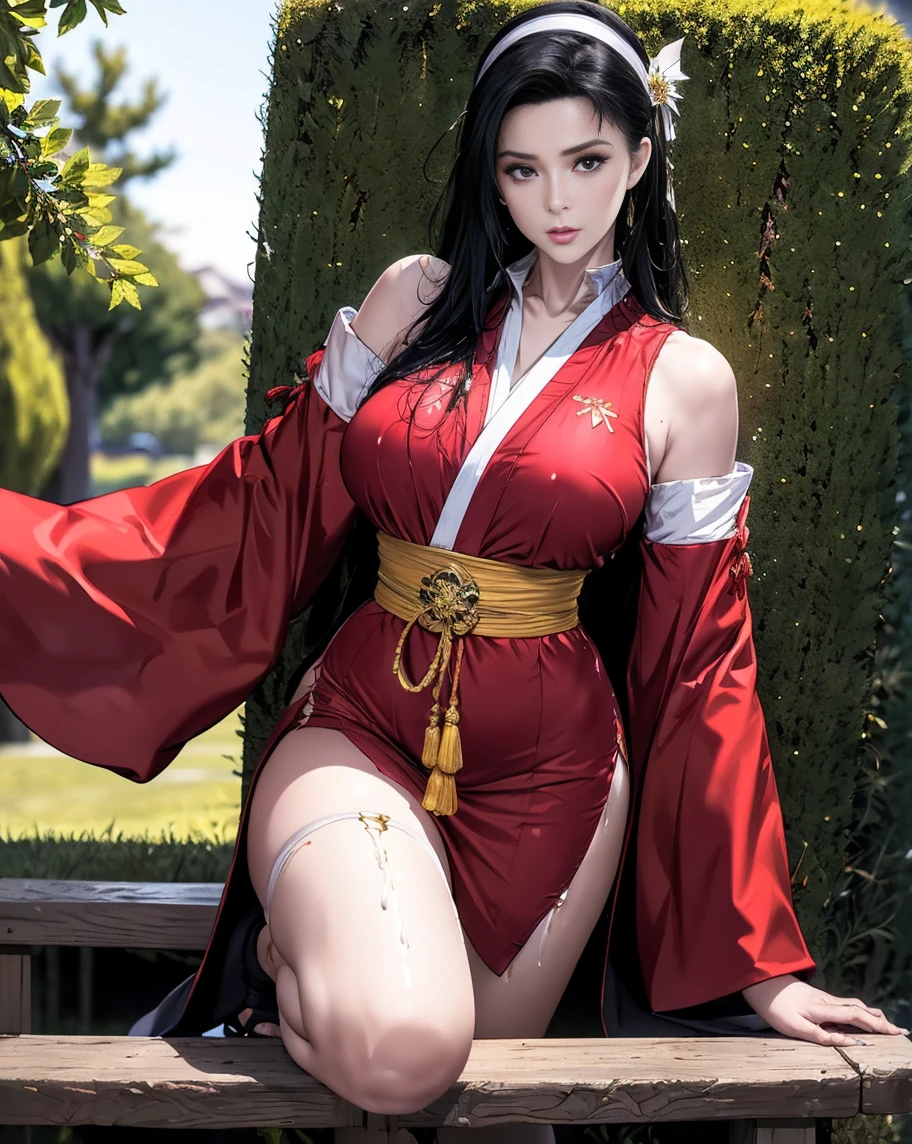 Masterpiece, best quality, Boa Hancock, 1girl, breasts, solo, cleavage, long hair, red dress, ring, bare shoulders, jewelry, white robe, brown hair, red dress, lips, standing, full body, looking at viewer, japanese castle background, ultra detailed, realistic, black hair