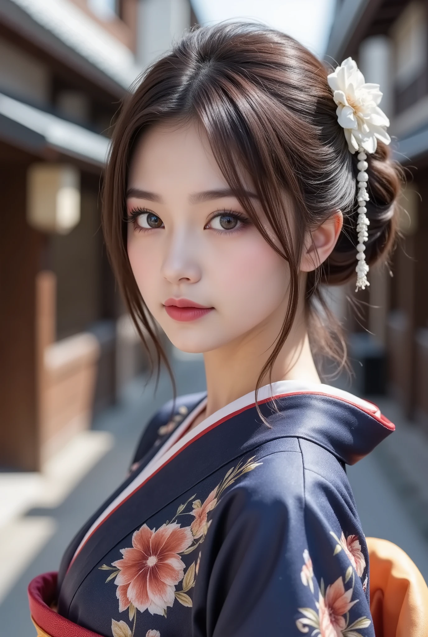Realistic、High Definition、sharp details、8k、1 woman、7、Geisha from Kyoto in Japan、 country、stands in an elegant and calm atmosphere、stand on the road in Kyoto、((cowboy shot))、country's unique hairstyle、Ofuku、((I'm thinking of improving my hair2.0))、((long sling2.0))、Fox face、 has a bright smile、a kimono based on gorgeous blue、Three layers、Has a gorgeous pattern、It has a luxurious feel、Hairpin in hair