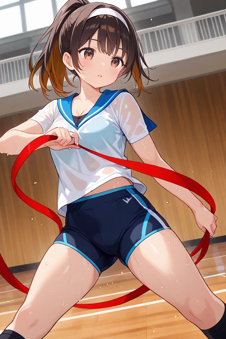 Reimu Hakurei, (Brown eyes:1.5), Brown Hair, bow, hair bow, Hair Tube, Long Hair, red bow, Side Lock, (((Slender body)))、(Navy blue cuffs and white short-sleeved gym uniform)、(Navy Blue Bloomers)、(
barefoot)、Navy blue socks、sports boots、Ground、Schoolyard、Sexy pose、
BREAK Watch Viewers,blush、
Full Body Shot,Smile Break (masterpiece:1.2), Highest quality, High resolution, unity 8k wallpaper, (figure:0.8), (Beautiful attention to detail), Highly detailed face, Perfect lighting, Highly detailed CG, (Perfect hands, Perfect Anatomy),Dynamic pose,
