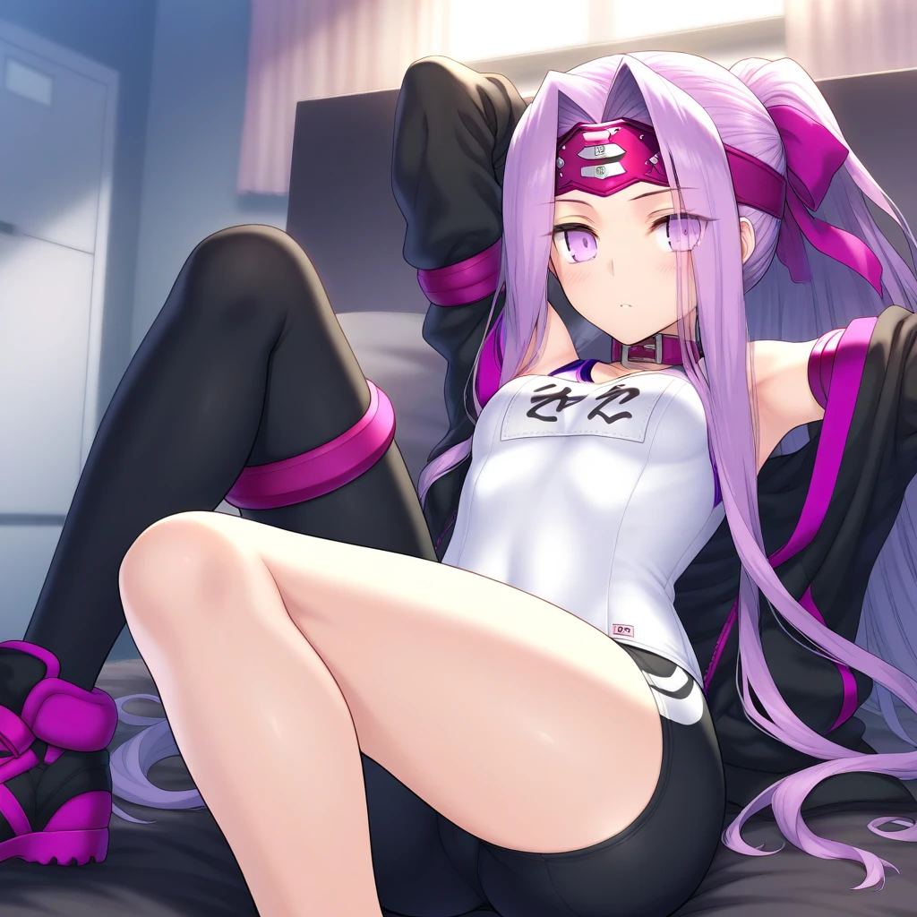 Masterpiece, Top Quality, Super Detail, One Girl, Solo, Bean (Curve: 1.1), Collar, Bangle, Bracelet, (Thigh: 1.2), Spread Your Legs, Sit, Raise Your Arms, Full Body, Anklet, Barefoot, Bed, (((Masterpiece)), (Best Quality)), Chromatic Aberration, 1girl, Solo, Skirt, Hatsune Miku, Long Hair, Thighs, Twin Tails, Kneeling, ,Headset, Purple Eyes, Purple Hair, Full Body, Live Venue Background, Very Long Hair, Tattoos, Hair Ornaments, Wearing a Pink Swimsuit, Happy, Big Cat Ears, One Cute Girl, White Hair, Twin Tail Hair, :3, Foot Pose, Smile, Fangs, Leotard