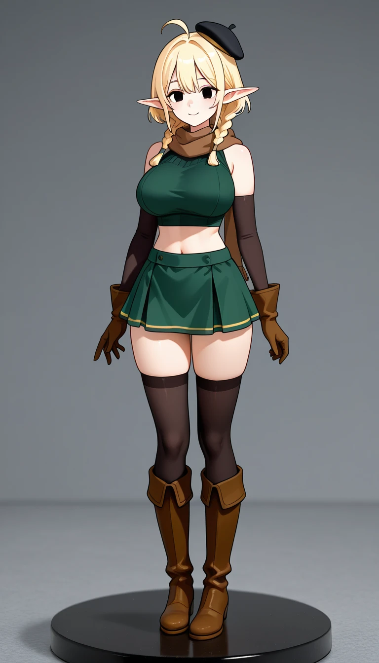 (a high-resolution, realistic), (((full body))), (((detailed black archer clothing))), metal shoulder pads, leather gloves, knee-high leather boots, exposed midriff, long hair , black hair, brown eyes, holding a bow, belt, smiling, (((detailed face))), mini skirt, thick thighs, anime style, big breasts
