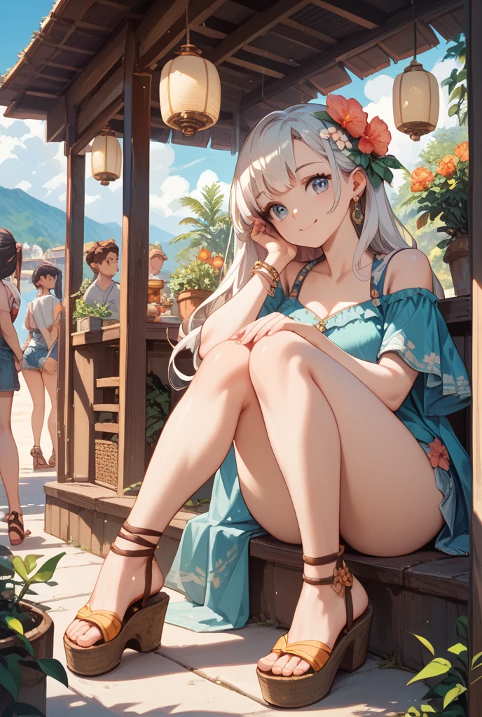 masterpiece, Highest quality,Meteorolite clouds, Swimwear, One girl, whole body, Long-distance shots, bikini, null, Side ties_bikini, justfoot, chest, 一人in, green_null, Looking_in_Audience, cloudy_null, green_bikini, Sitting, length_hair, belly button, Day, Front Tie_superior, building, Front Tie_bikini, off_shoulder, just_shoulders, Spread your legs wide、chestがびきにからはみ出る、Embarrassed、