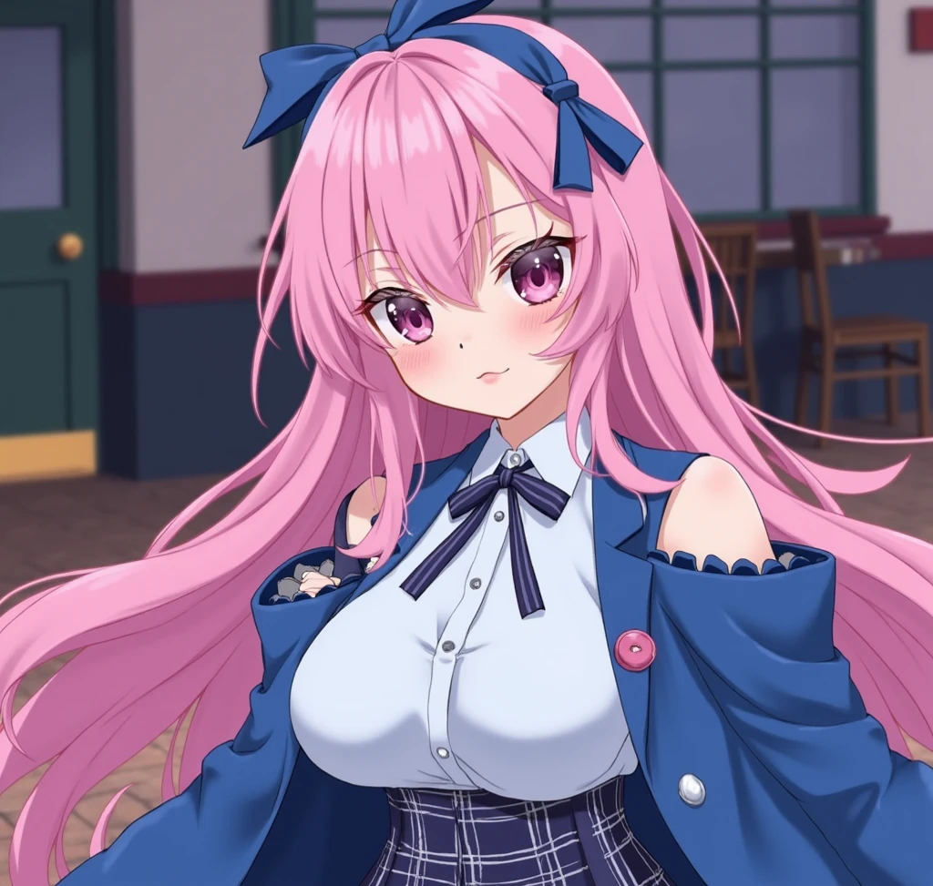 ((masterpiece)),(best quality),official art,extremely delicate and beautiful,extremely detailed CG,unity 8k wallpaper,ultra detailed,beautiful detailed eyes,extremely detailed face,outdoors,1girl,solo,upper body,(portrait:1.5),looking at viewer,facing viewer,smile,Koorogi Maya,long hair,pink hair,two side up,hairclip,hair ornament,hair scrunchie,blue scrunchie,sidelocks,hair between eyes,bangs,blue eyes,collarbone,school uniform,white sailor collar,pink cardigan,black bowtie,long sleeves,medium breasts,black skirt,pleated skirt,white thighhighs,bow legwear,loafers,brown footwear,<lora:Koorogi Maya(sdg2):0.8>,