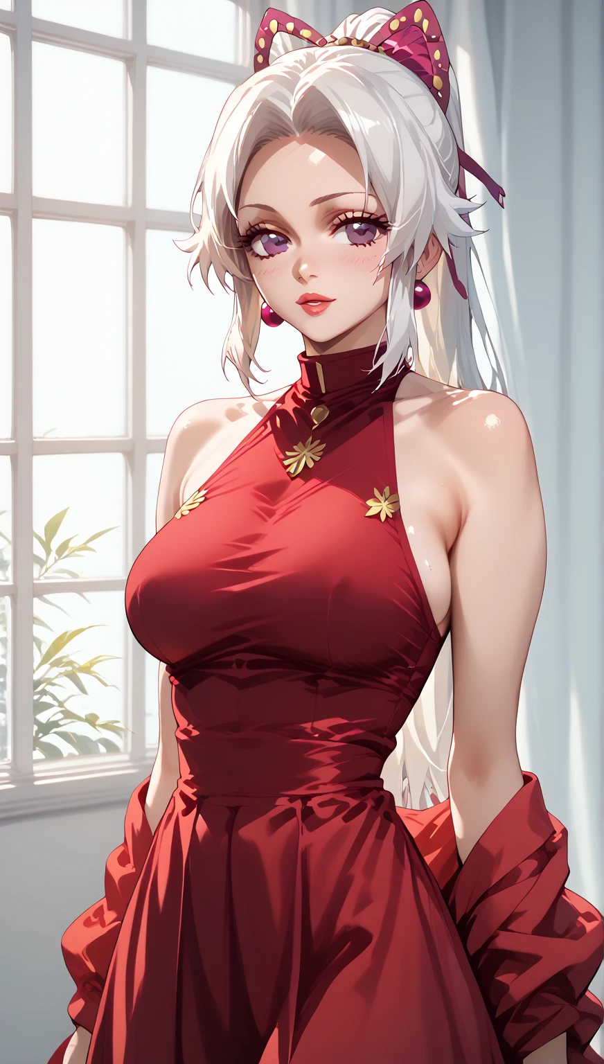 a close up of a woman in a Red dress with roses, Extravagant dress, 8k highly detailed , dressed beautiful gown, Wearing a wonderful dress, Red dress, Detailed dress and face, All red, beautiful gown, gown, elegant Red dress, red, Wearing a wonderful dress, Exquisite digital illustration,The most beautiful woman in the world、White Hair、White eyes、Best Style、Beautiful legs、whole body