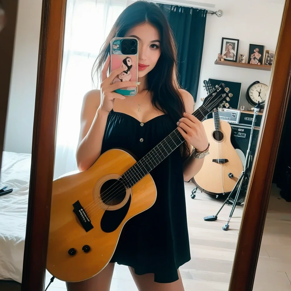(RAW Image Quality、masterpiece:1.2, 8K resolution、Ultra-high-definition CG images)、Girl playing guitar on a neon stage, attractive, (Mischievous Smile), (Beautiful breasts, Cleavage), Muse, amazing, Ultra-realistic volume details, Unreal Engine, ((Detailed eyes and face:1.2, Professional photography techniques)), (Photorealism:1.4), (View the viewer)