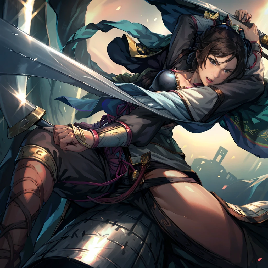 Top quality. Painting by Akihiko Yoshida. Illustration. Character design. Woman. A world of swords and sorcery. Miniskirt. Crouch down, open your legs and hold your sword. From below. --auto --s2