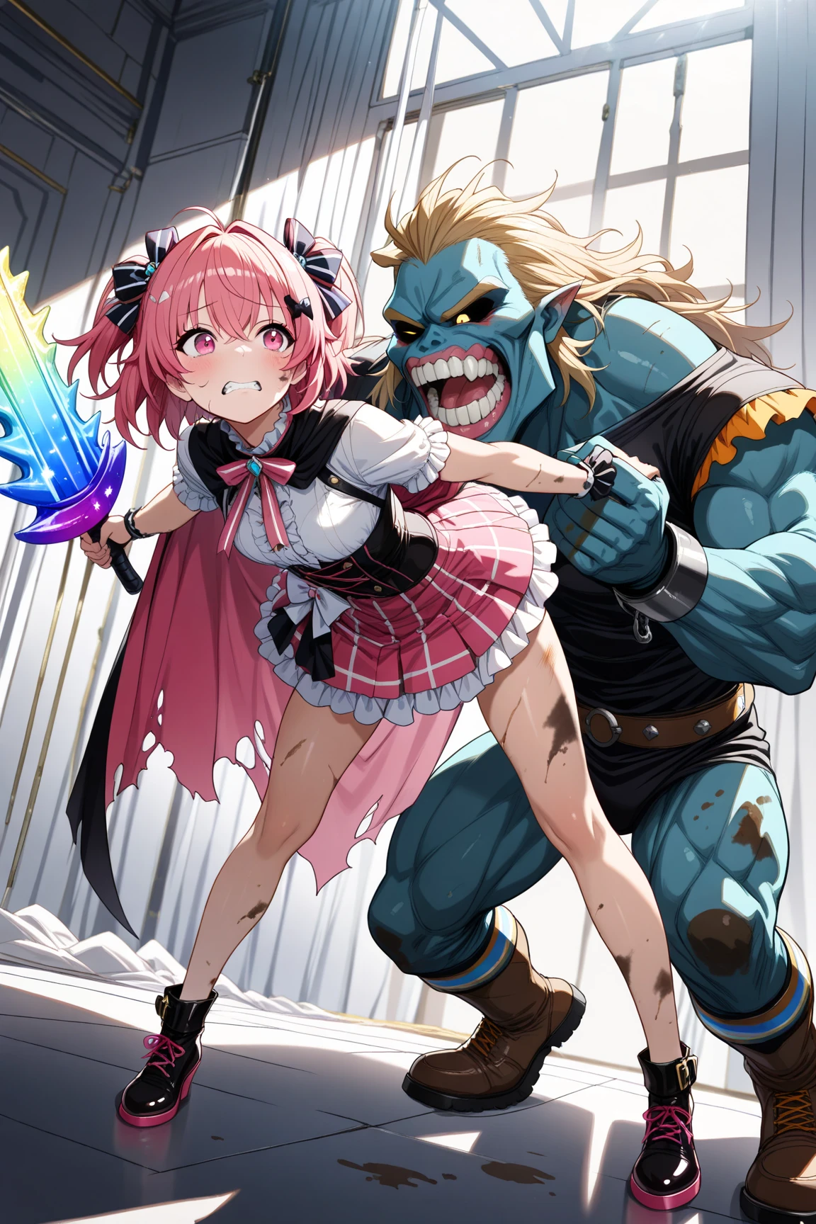 (Lora+QuickHand: 1.2), (Masterpiece: 1.5), (Best Quality: 1.5), 8K resolution, (Perfect Hand: 1.5), a girl's beautiful expression of screaming and crying with her eyes closed, being held by a man, (pink hair: 1.3 + single ponytail), (white blouse: 1.2), (pink pleated skirt: 1.2), (pink knee-length socks: 1.2), (beautiful tiara), (white boots: 1.2), (simple background:1.5),(slender legs:1.2))"