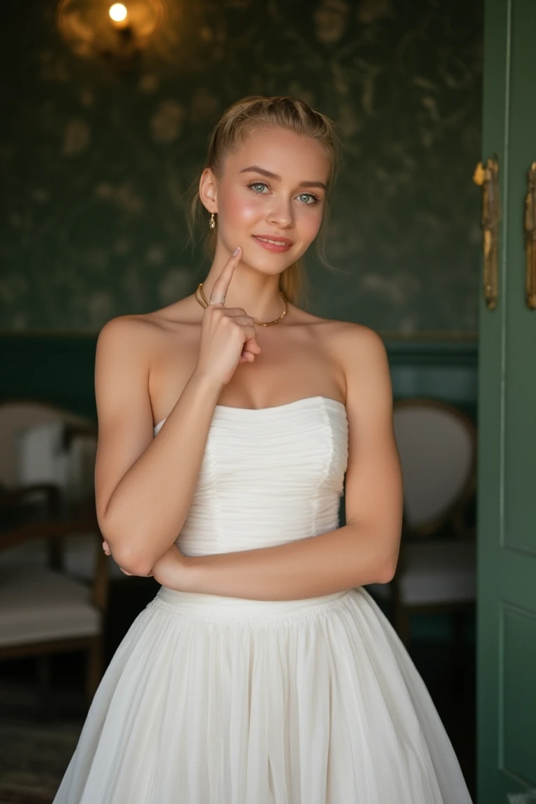 photo of (EPB3b4h4n-380:0.99), a woman, perfect blonde hair, posing, (selfie photo, Oversized white collared shirt worn off-the-shoulder, tucked into a pleated satin flared skirt with slingback pumps.), (Unexpected proposal in background:1.2),(closeup portrait), necklace, hoop earrings, 24mm, (Instagram Smartphone Filters), (cinematic, film grain:1.3), ((brilliant colour, gradient)), ((detailed eyes)), smiling, (epicPhoto)