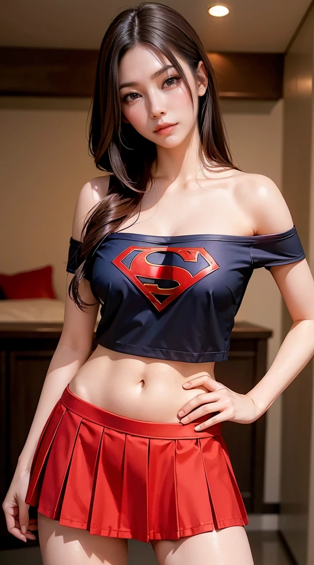 Anime style, (superman girl), insanely beautiful Alina Gorokhova portrait photo, 21 years old, full body, top angle, body curves, navel, miniskirt, smooth creamy skin, beautiful maroon eyes, Beautiful facial details, ((Manhattan background) )), low angle medium shot, greedy and attractive, amazingly euphoric gorgeous, vivid emotion, peach fluff, symmetrical circular iris, natural Glitter makeup, detailed moisture, detailed droplets, detailed intricate hair strands, DSLR, reflected in raytraced, Pino Deni, Larry's Bud Melmann, symmetrical face and body, CGsociety, Gottfried Hernwein and Irakli Nadal, eye reflections, focus, Unreal Engine 5, VFX, film photography, extreme detail, Ultra HD, post-processing, post-production, single face, Tanvir Tamim, ultra-realistic photography, Shot with Hasselblad X1D-50c, ISO 100