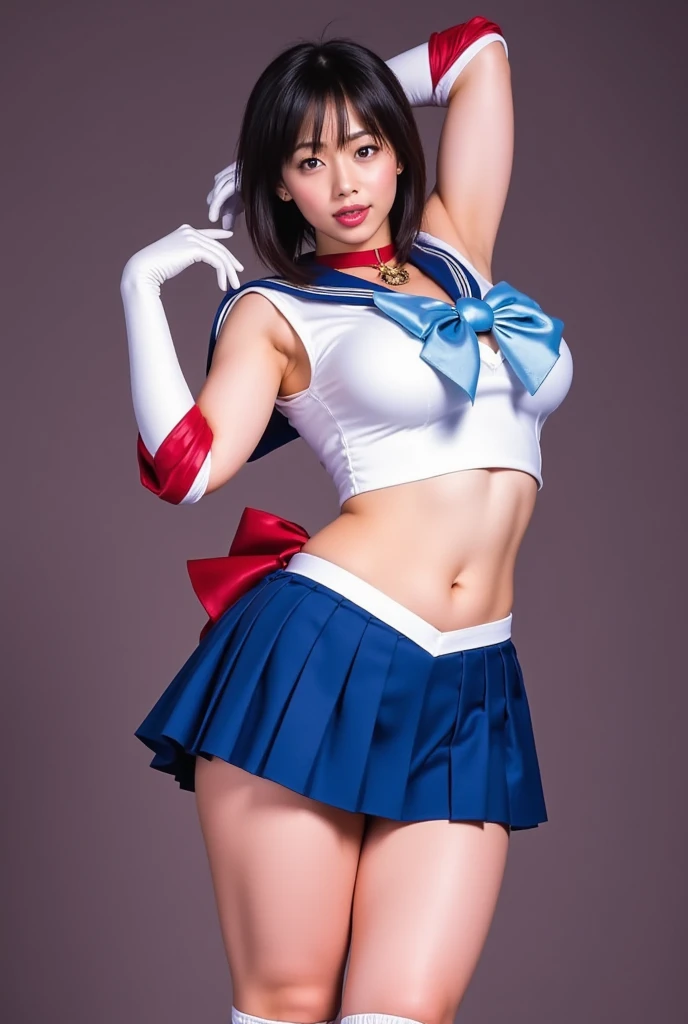 (8K、RAW Photos、Highest quality、masterpiece:1.2)、(Realistic、Realistic)、1 Girl、((Sailor Moon Costume:1.2、Thin legs、whole body、View from the front、smile、Looking into the camera、Spread your legs while squatting))、cute