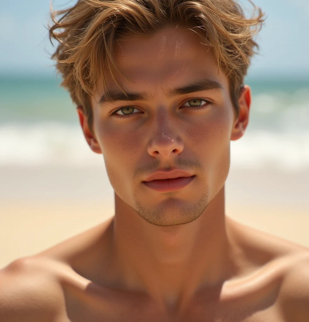 A very detailed photograph of a 15 year old white boy.., Ojos azules, peinado rubio moderno degradado lateral, rostro limpio y sin imperfecciones, Looking in front of the camera, cuerpo definido, cuerpo definido shirtless, elegante, attraction, con mirada traviesa, serious expression, en un hermoso lugar de grandes dunas, beautiful lighting. Hyper realistic, hiperdetallado, 4k, playa paradisiaca,