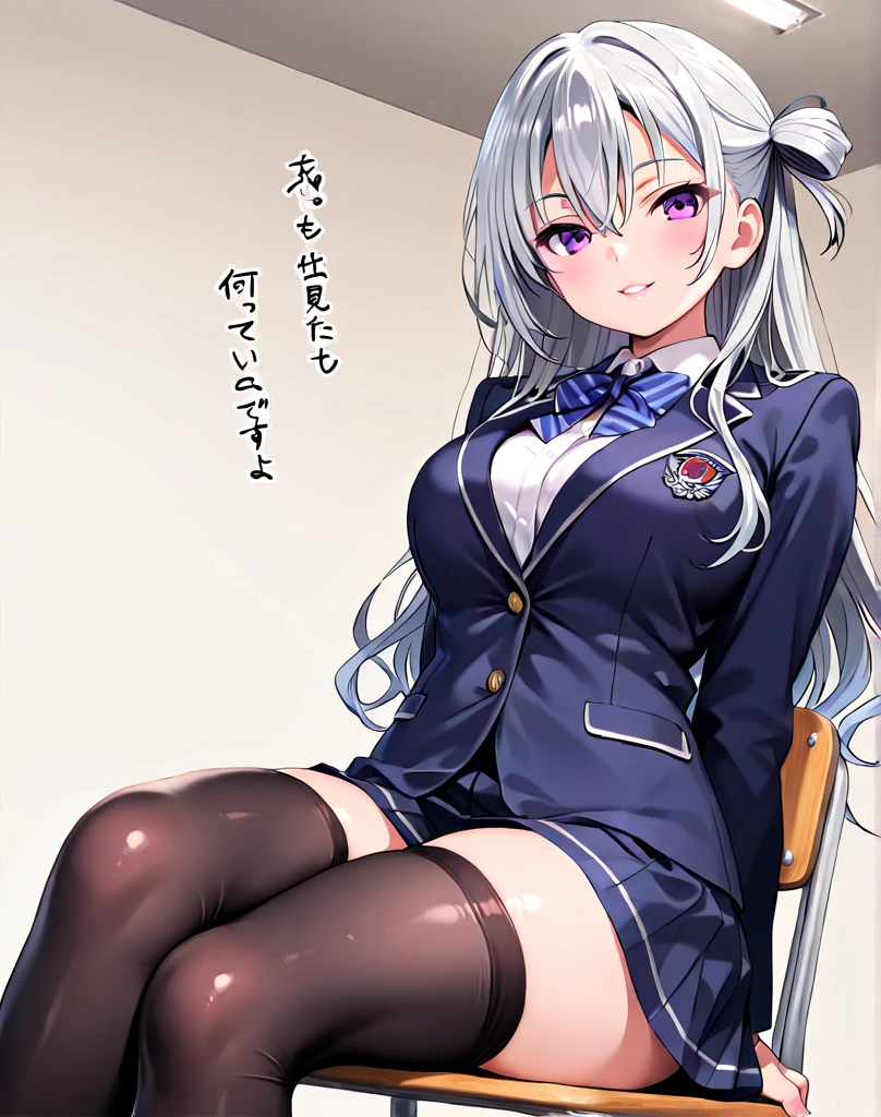 (((Spread your legs、Lace panties、Shooting from below))、(((Accentuate the crotch)))、Highest quality, 8k, masterpiece :1.3)), whole body, Sharp focus :One Girl,Glowing Skin,SSexy pose,Highest quality,Tabletop,shape,Very delicate and beautiful,Hmph,8k壁紙,wonderful,In detail,Official Art,Very detailedなティッカーUnity 8k壁紙,Incredibly ridiculous,Large file size,Very detailedな,High resolution,Very detailed,Beautiful detailed,Realistic,X-ray,The queue is full,(((Uniform Blazer、mini skirt)))、(((Big Breasts、Silver Hair)))、(((School、classroom)))、Stand upright、Cleavage , ((Long silver hair))、Uniform Blazer、Sexy pose、Hairstyle: ponytail、both hands、Wearing high socks