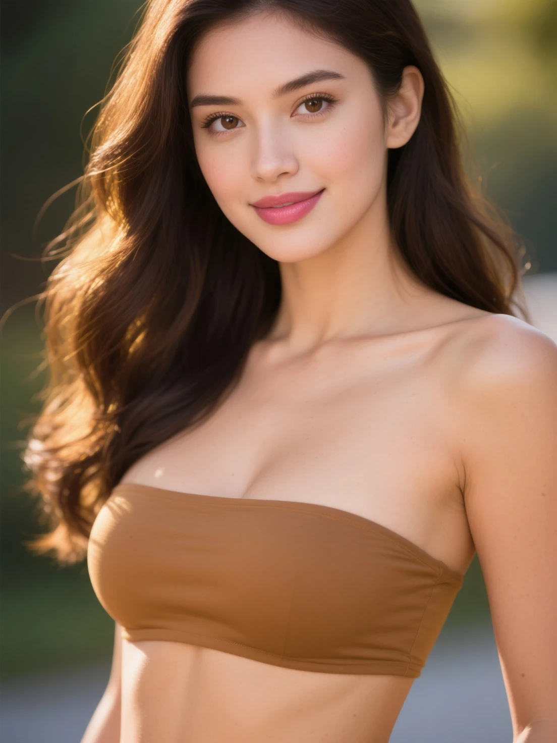 ((1 Spanish teenage girl)), Ethereal beautiful, slim, Petite, Soft light, ((David Hamilton Style)), closeup picture, masutepiece, Best Quality, Photorealsitic, 8K, High resolution, Detailed skin, 8K UHD, Digital SLR, Soft lighting, High quality, Film grain, FUJI XT3, Full body, In the park, standing,　Photo from the waist up、( cute gold bra), smile, ((The background is Olive groves)),