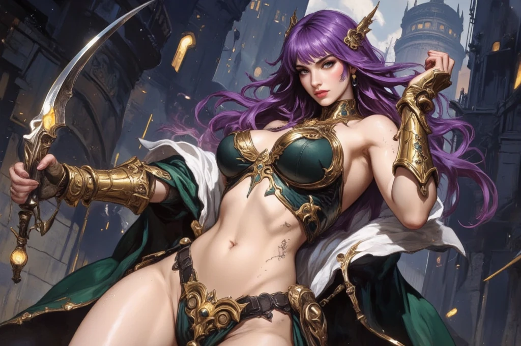 A woman in sexy clothing is holding a gun and a knife., Beautiful Fantasy Empress, anime goddess, japanese goddess, 8k octa-rendered photo, Glamorous bikini armor, Biomechanical Boobs, Ultra-detailed fantasy characters, thick, Keqing of Genshin Impact, Full body fairy, extremely detailed goddess shot, goddess. Extremely high detail