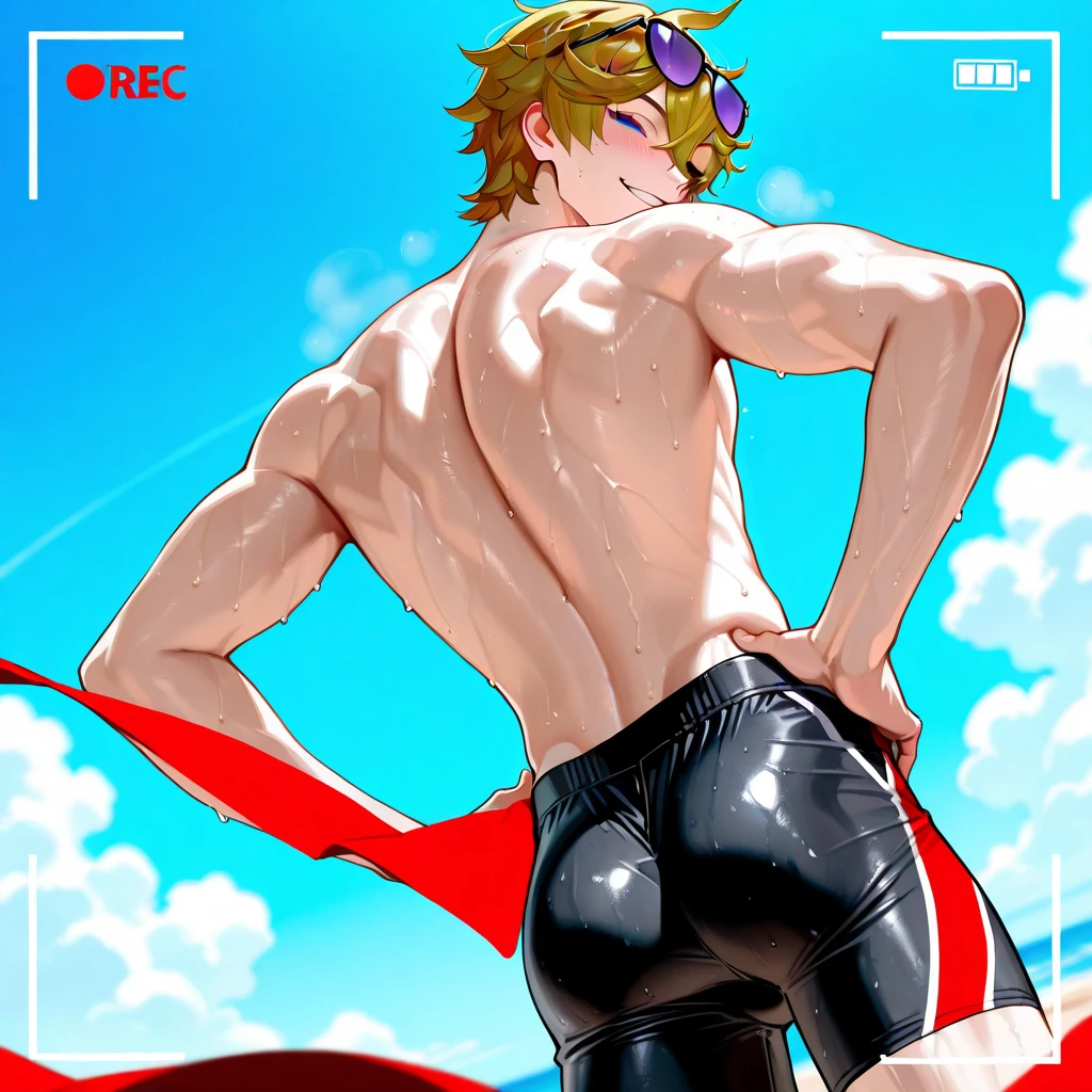 Chico de.16 years old in yellow speedo floating in space with a background of galaxies with American facial features light green eyes golden blonde hair thin thin nose full body